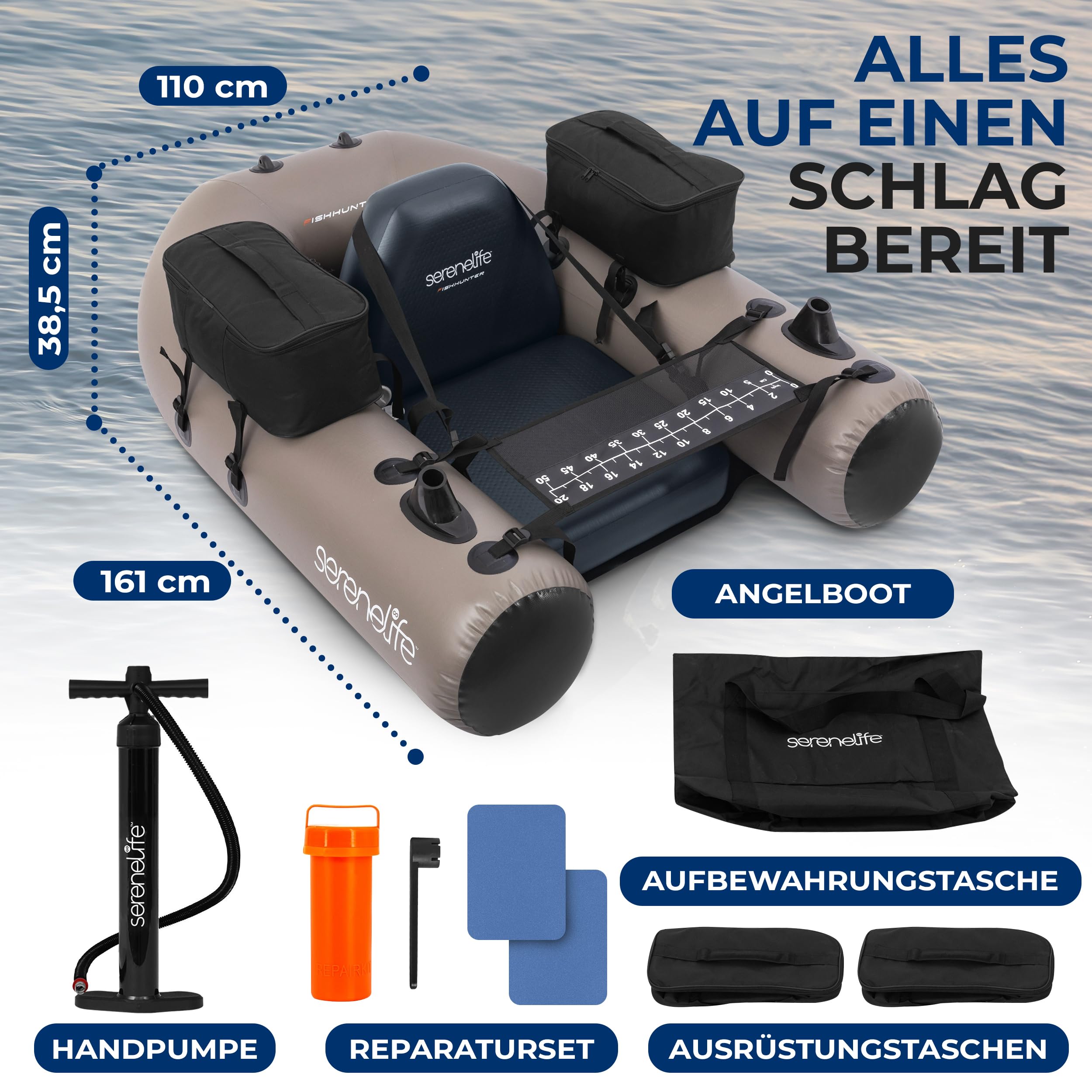 SereneLife Angelboot Aufblasbar 1 Person 100 kg Bellyboot PVC Float Tube Mit Rutenhalter, Sitz und Rückenlehne, Taschen für Komfortables Angeln auf See und Fluss