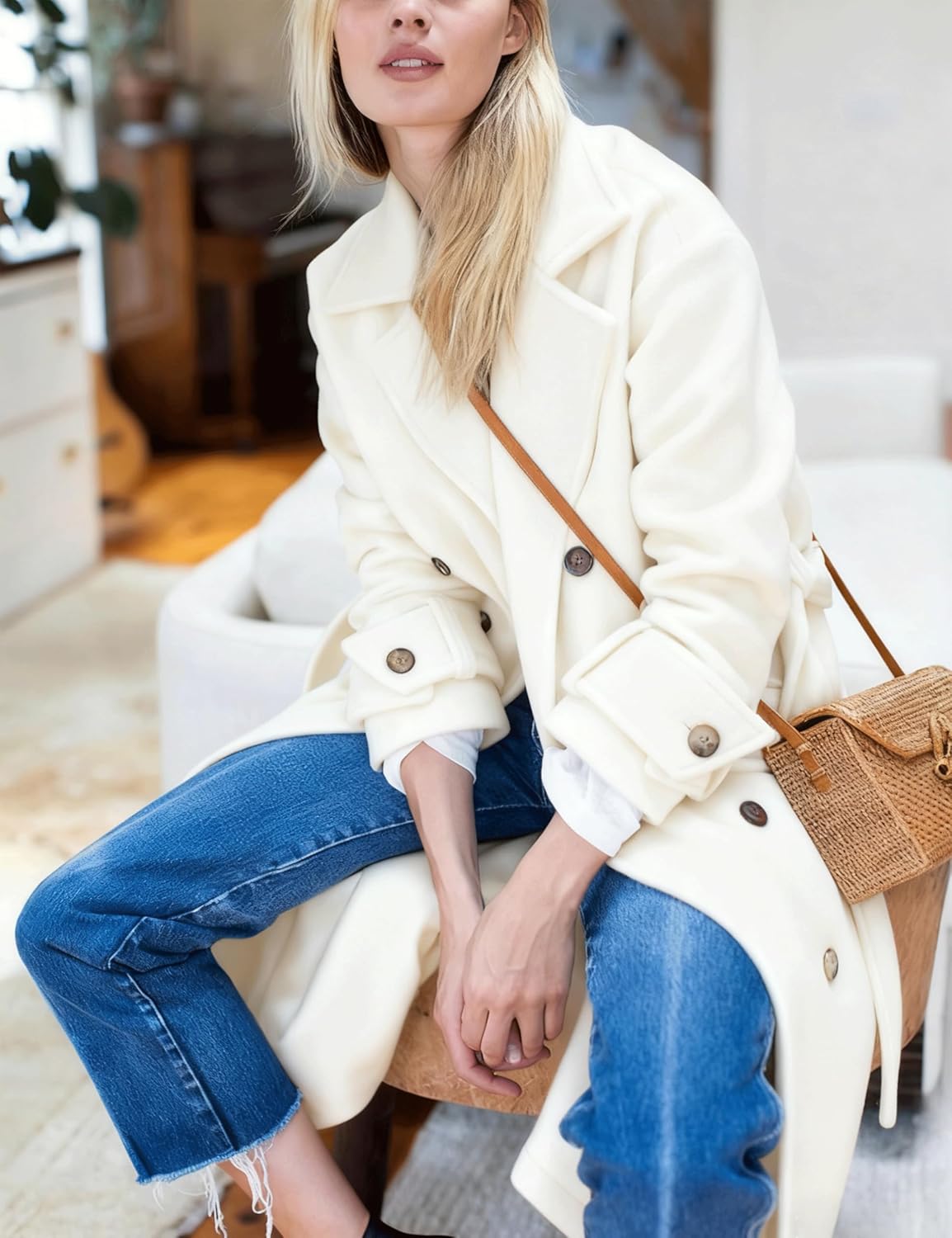 Hooever Women's Long Wool Coat Fall Winter Notched Lapel Double Breasted Trench Coat Peacoat with Belt - Image 7