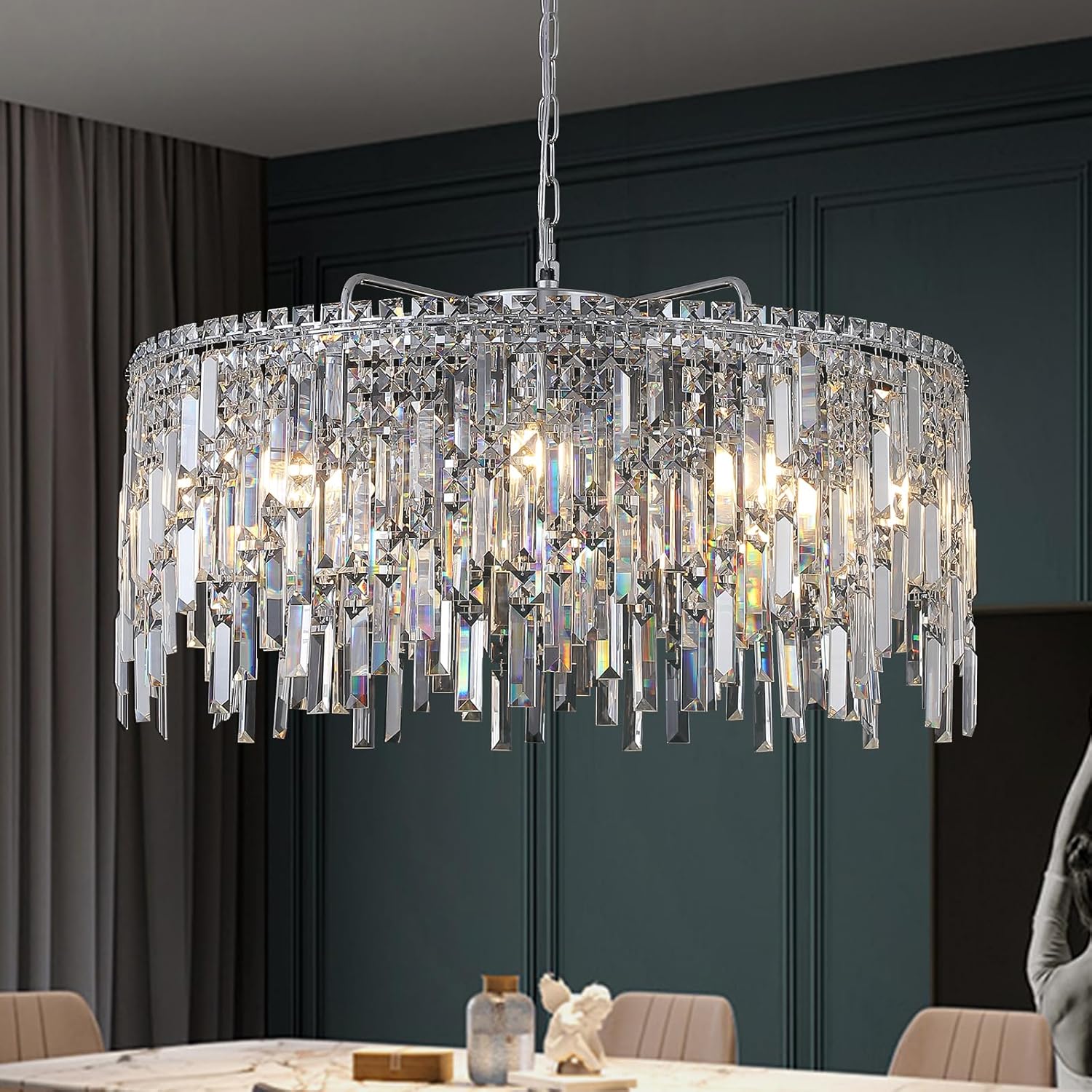 Large Crystal Chandelier 30'' Chrome Modern Chandelier for Dining Room 10 Light Drum Chandelier Luxury K9 Raindrop Crystal Ceiling Pendant Fixtures for Living Room Bedroom Staircase Foyer