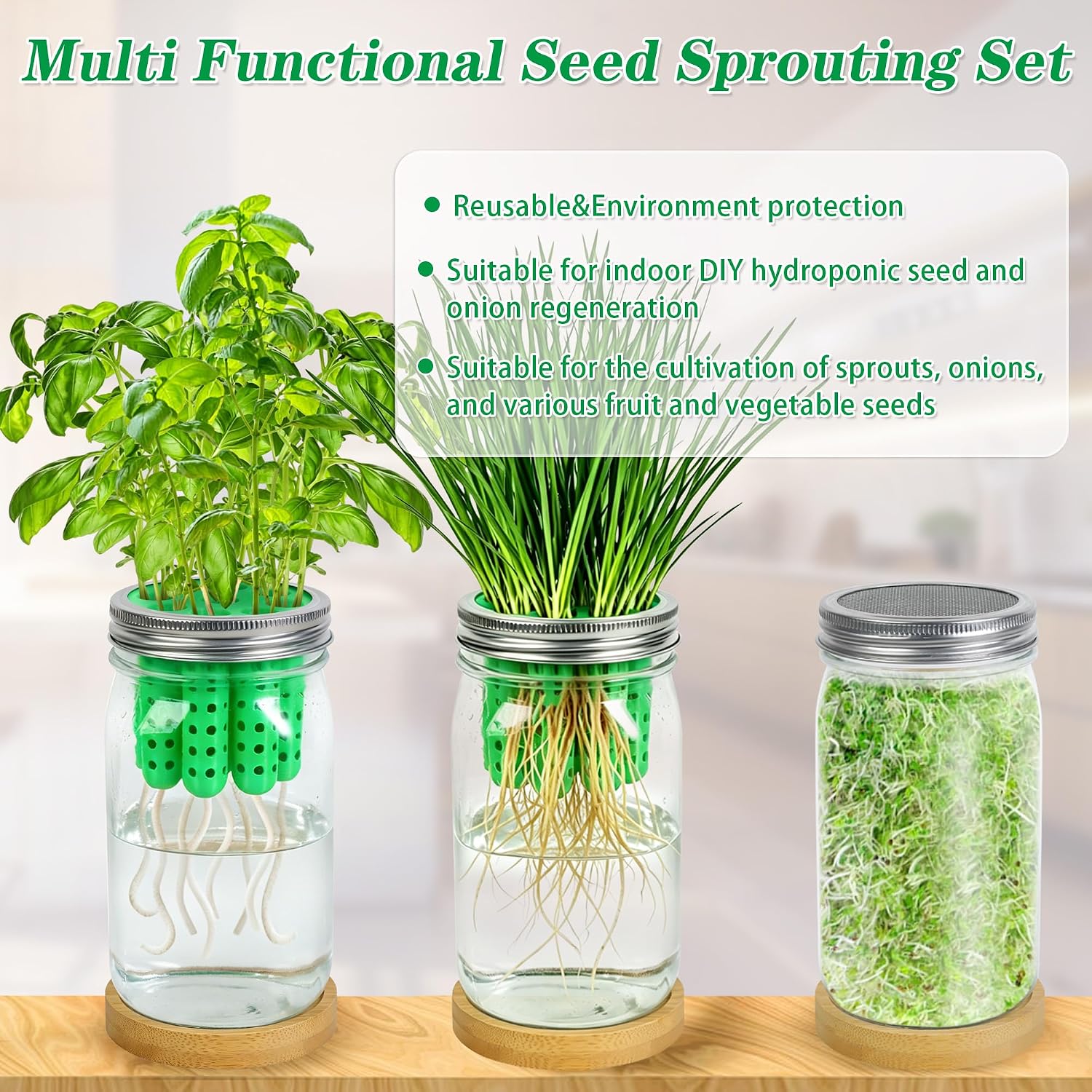 Bylion 2-in-1 Seed Sprouting Set- Green Onion Regrower Kits - Onion Planter Scallion, Grower Seed Sprouting Kit with Regrower Sprouting Lids, Mason Jar and Natural Bamboo Base for Windowsill Garden
