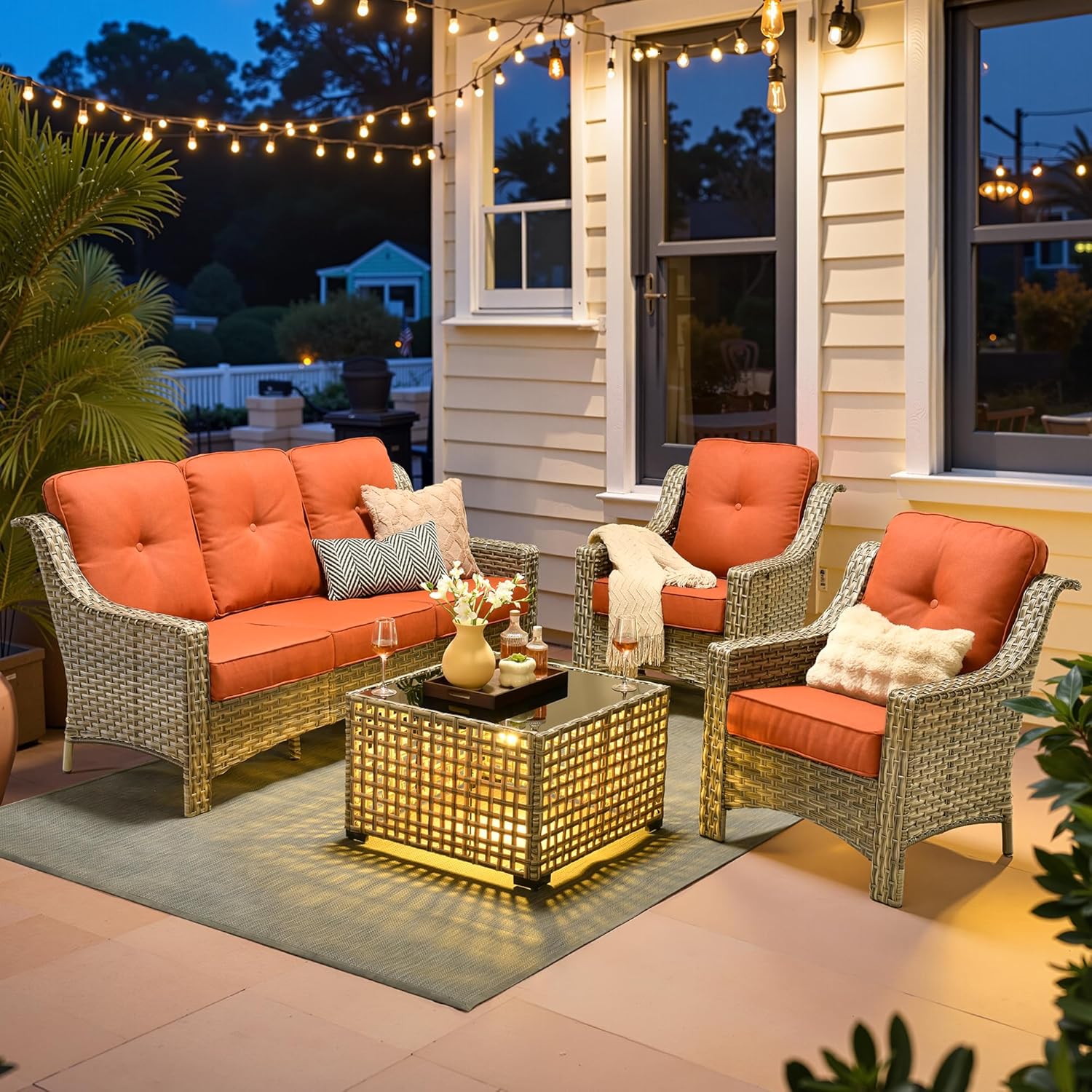 ovios 6 Piece Outdoor Patio Furniture with 3 Seat Sofa,Rattan Wicker Coversation Set with High Back,Sectional Single Sofa with Ottoman for Outside Porch Balcony Backyard Pool, Dark Grey
