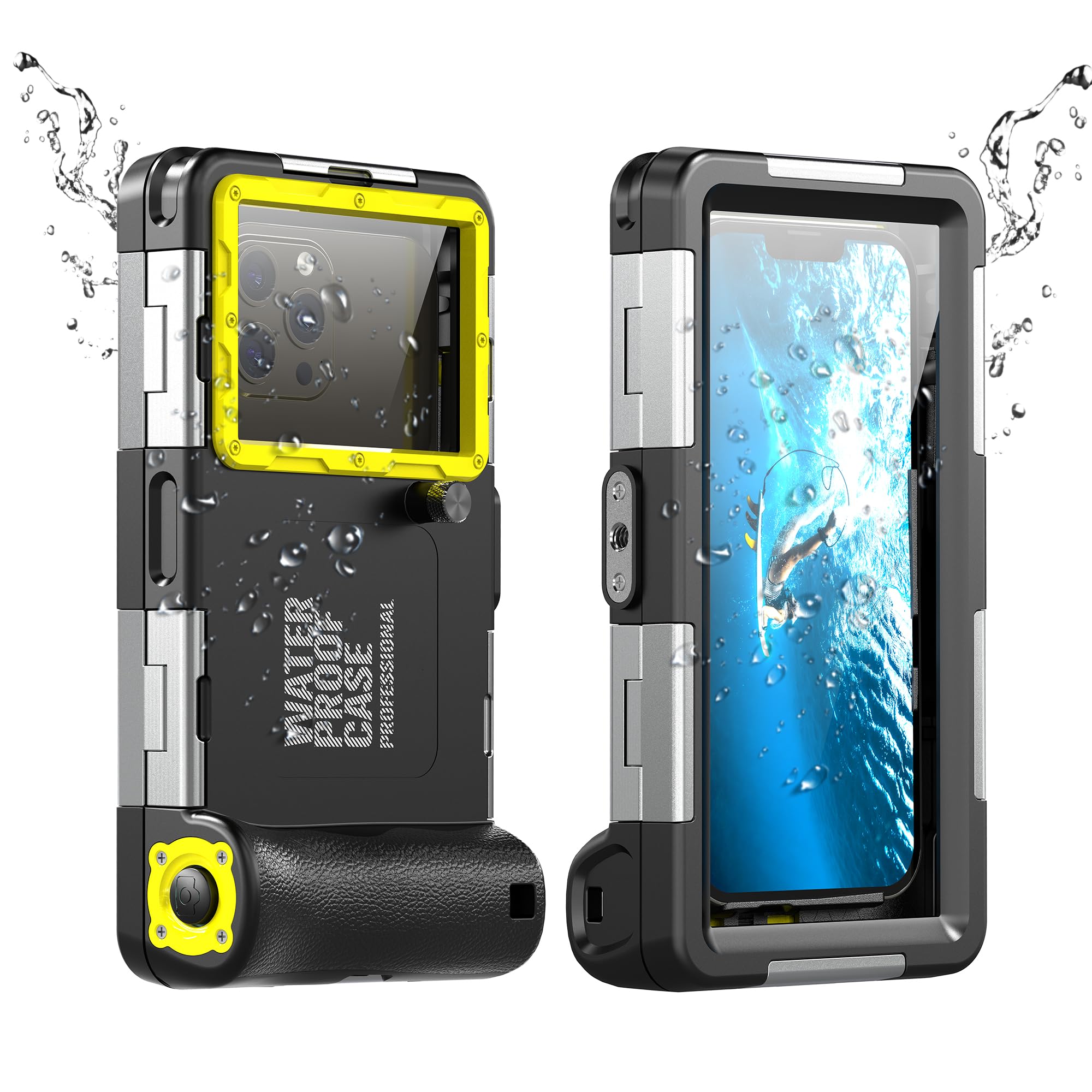 para iPhone 16e/15/14/13/12 Pro MAX Plus Buceo Funda, Universal IP68 15m Impermeable Bajo el Agua Carcasas para Celulares de 4,7''- 6,9'' para Exterior Natación Foto Video-Negro+Amarillo