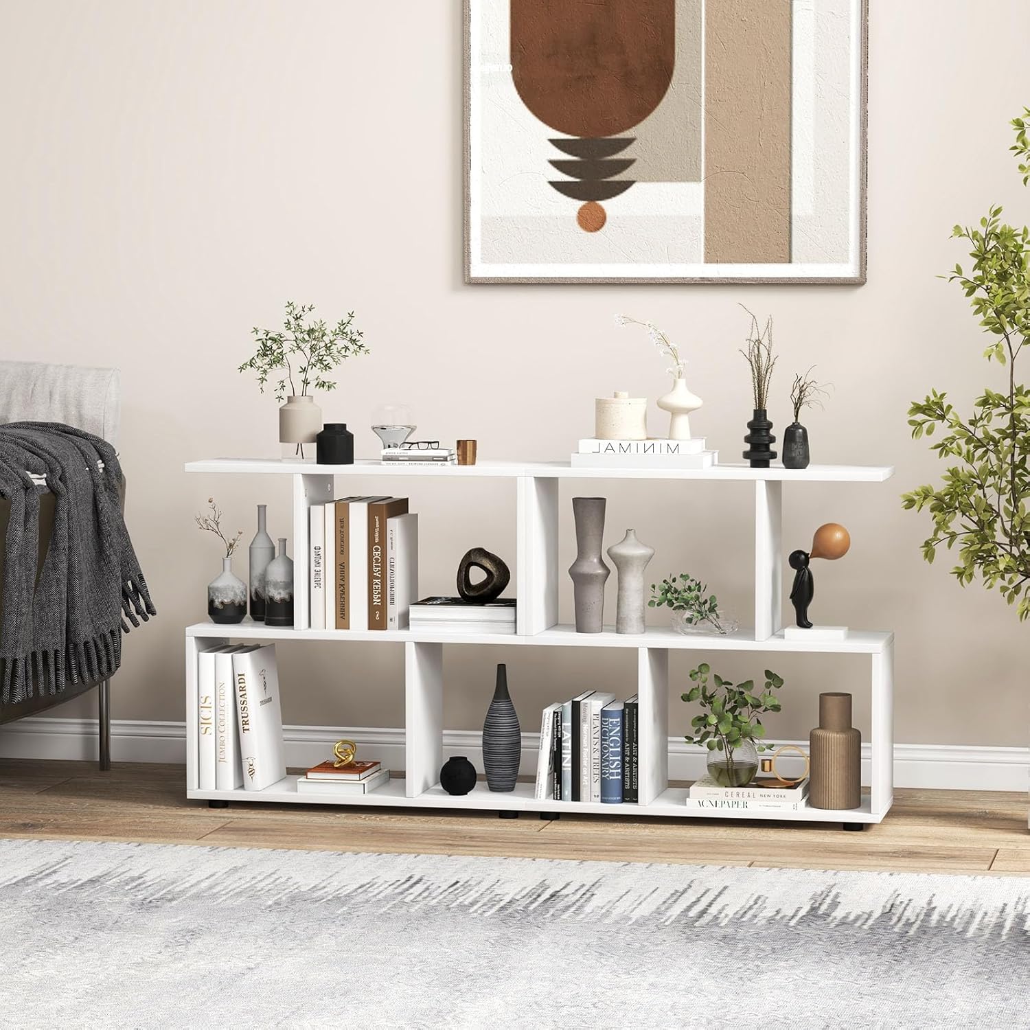 2 Tier Geometric Bookcase, 24" Tall S-Shaped Bookshelf with Staggered Open Cubes, Wooden Display Shelf Storage Organizer, Small Bookshelf for Small Spaces, Living Room (2, White)