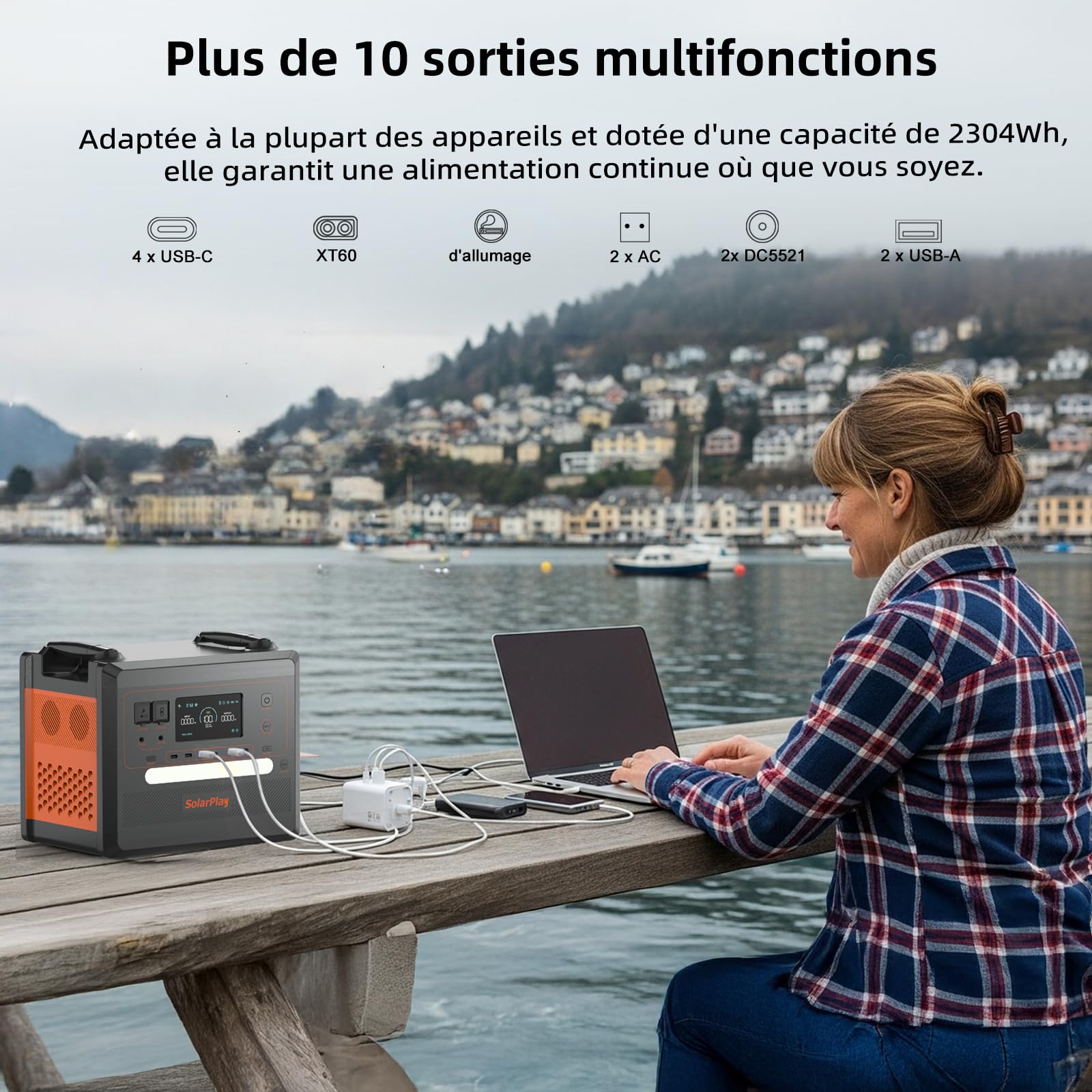 SOLARPLAY Q2402M Generateur Electrique Portable, 2300Wh LiFePO4 station electrique portable 2500W(5000W Pic) 12 Ports,groupe electrogene solaire pour la maison,le camping,le RV,la pêche,Urgence,