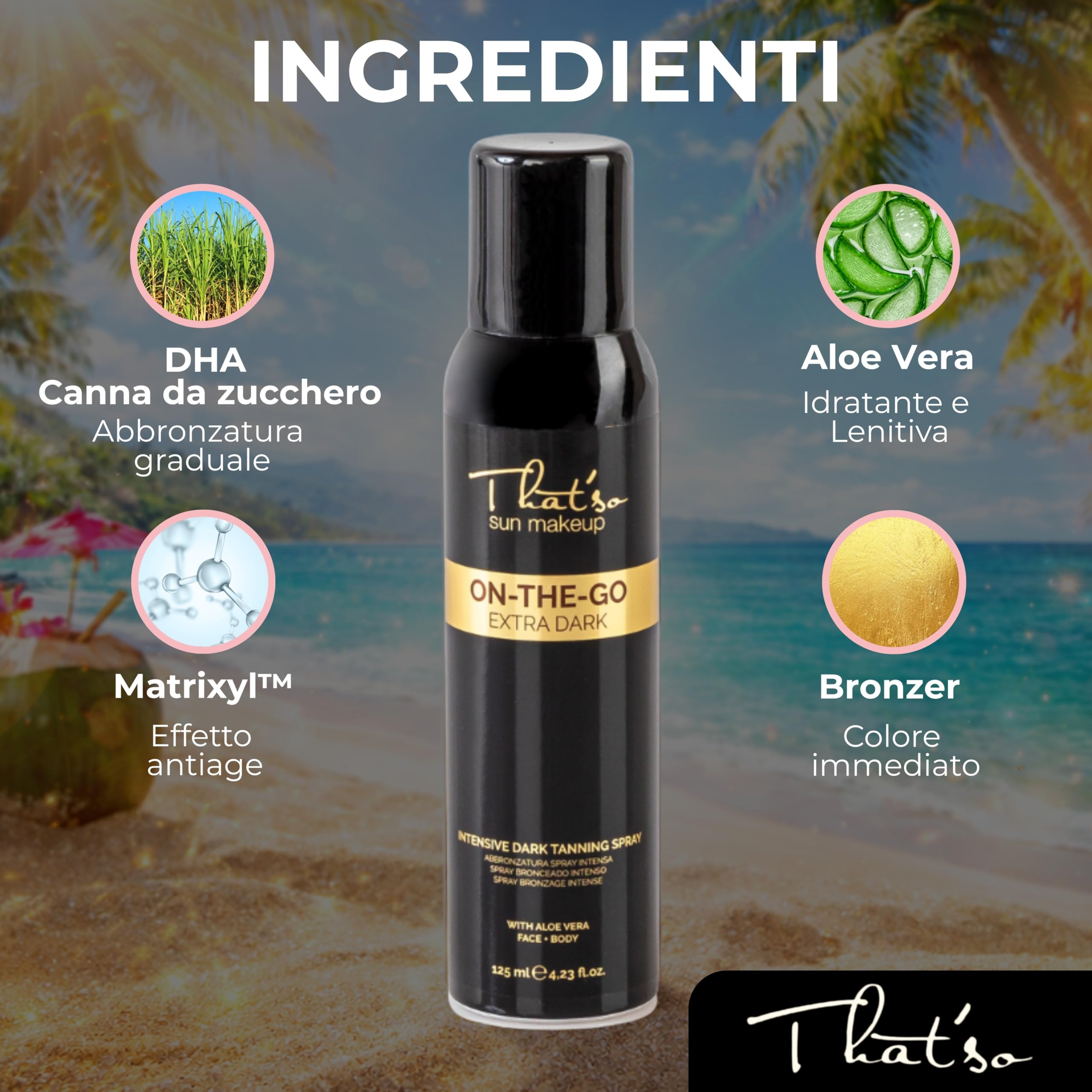 On The Go Extra Dark Spray Autoabbronzante Viso e Corpo 125ml Abbronzatura Istantanea Naturale Bronzea Pigmento Naturale Bronzo Dorato Formula Anti-Aging con Aloe Vera Migliora Elasticità della Pelle