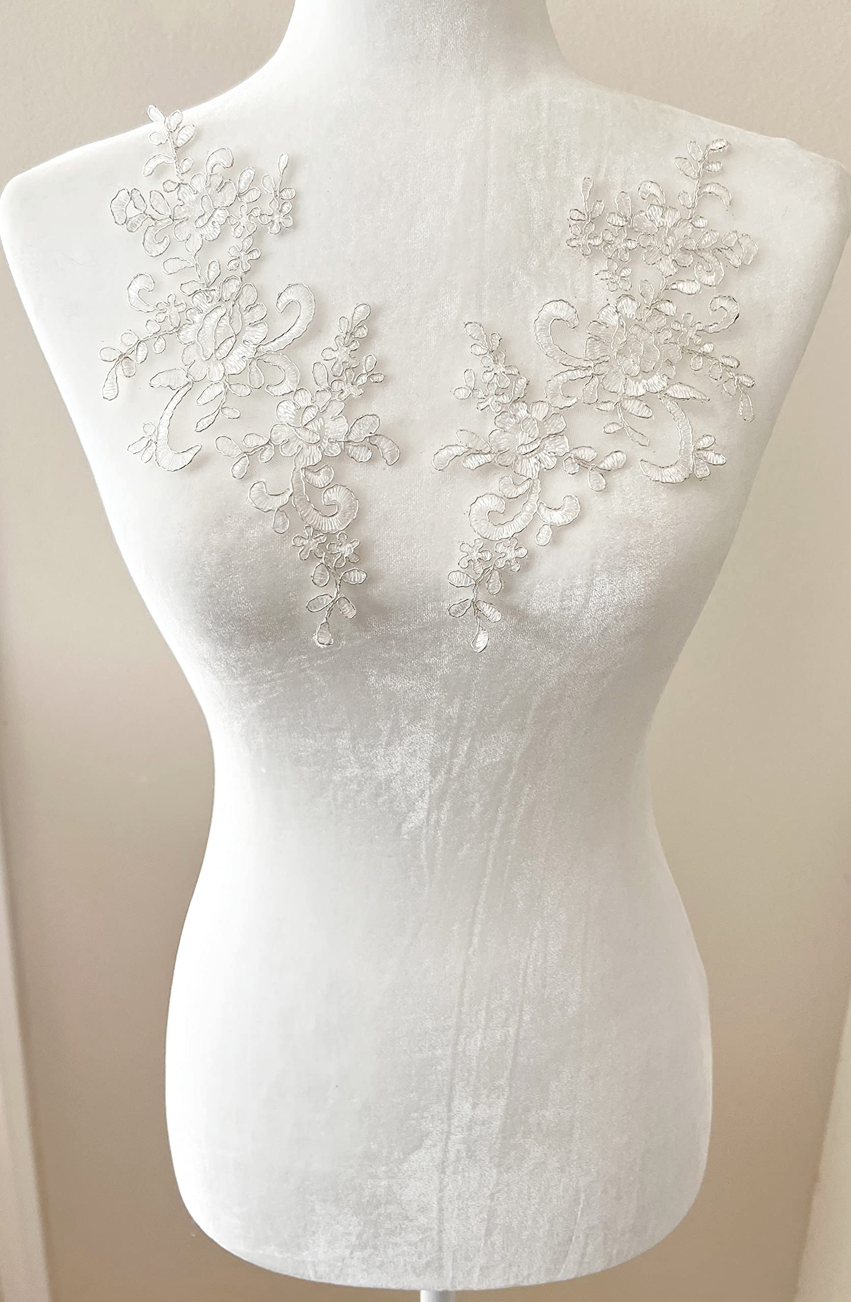 PEPPERLONELY 1 Pair Bridal Lace Flower Sew on Embroidered Lace Applique Wedding Dress Bride's Headdress Adornment DIY Patch Clothing Accessories, 22 x 10cm, Ivory with Silver