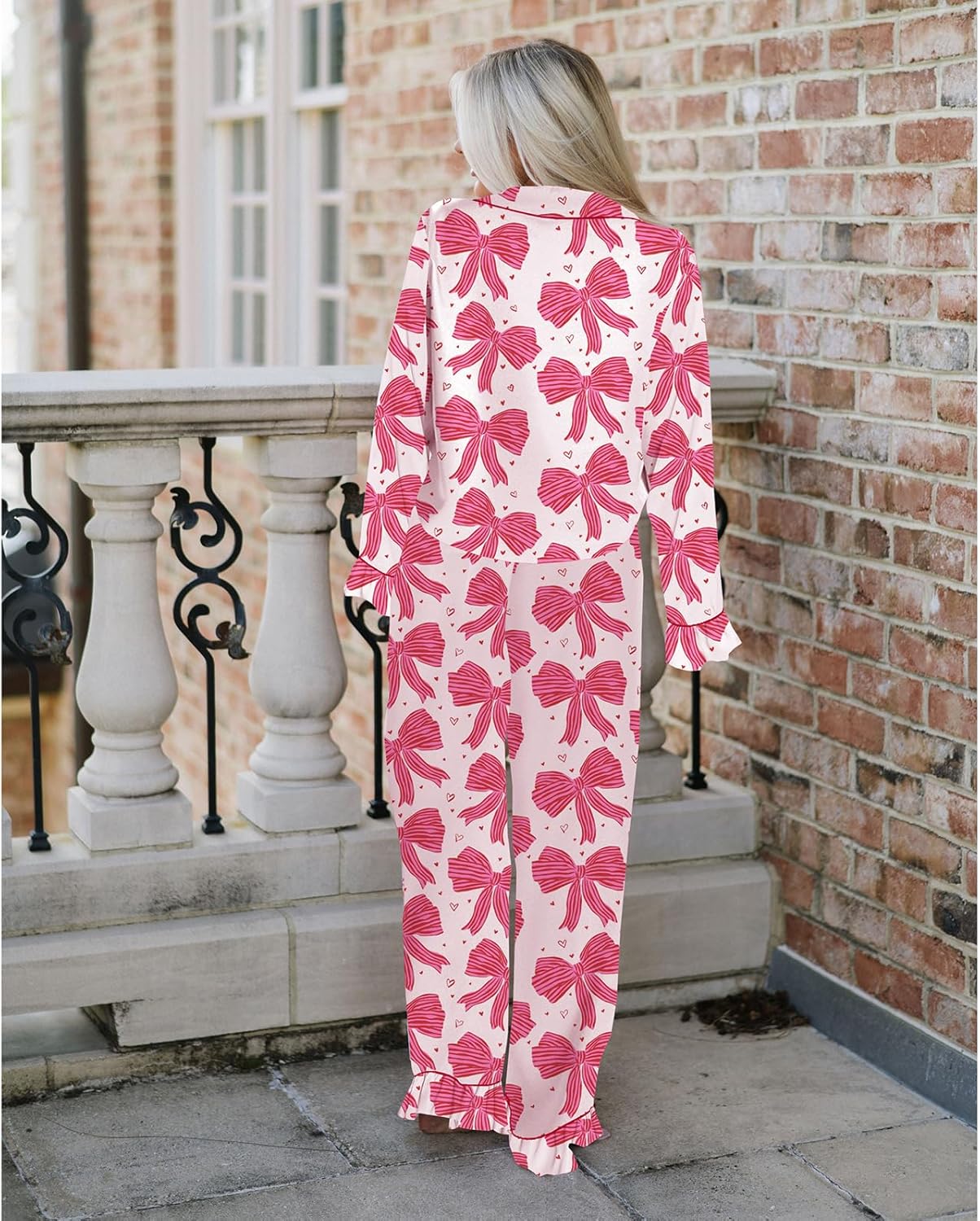 Piacakece Women 2 Piece Satin Pajama Set Cute Bow Print Long Sleeve Shirt Loose Shorts Matching Set Loungewear - Image 2