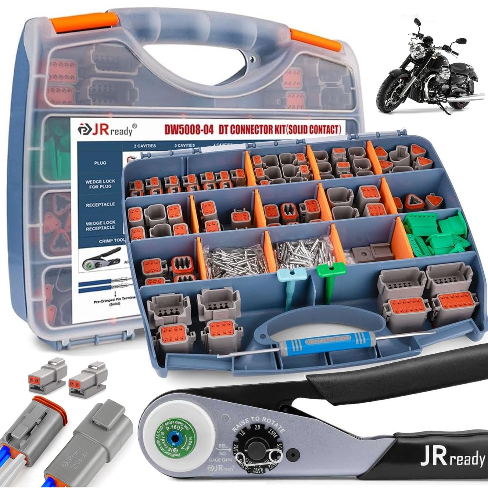 JRready Kit de conectores Deutsch, conector eléctrico impermeable IP68 de 2, 3, 4, 6, 8, 12 pines, tamaño 16, contactos sólidos 16-20AWG y herramienta de crimpado Deutsch, kit de conector DW5008 DT