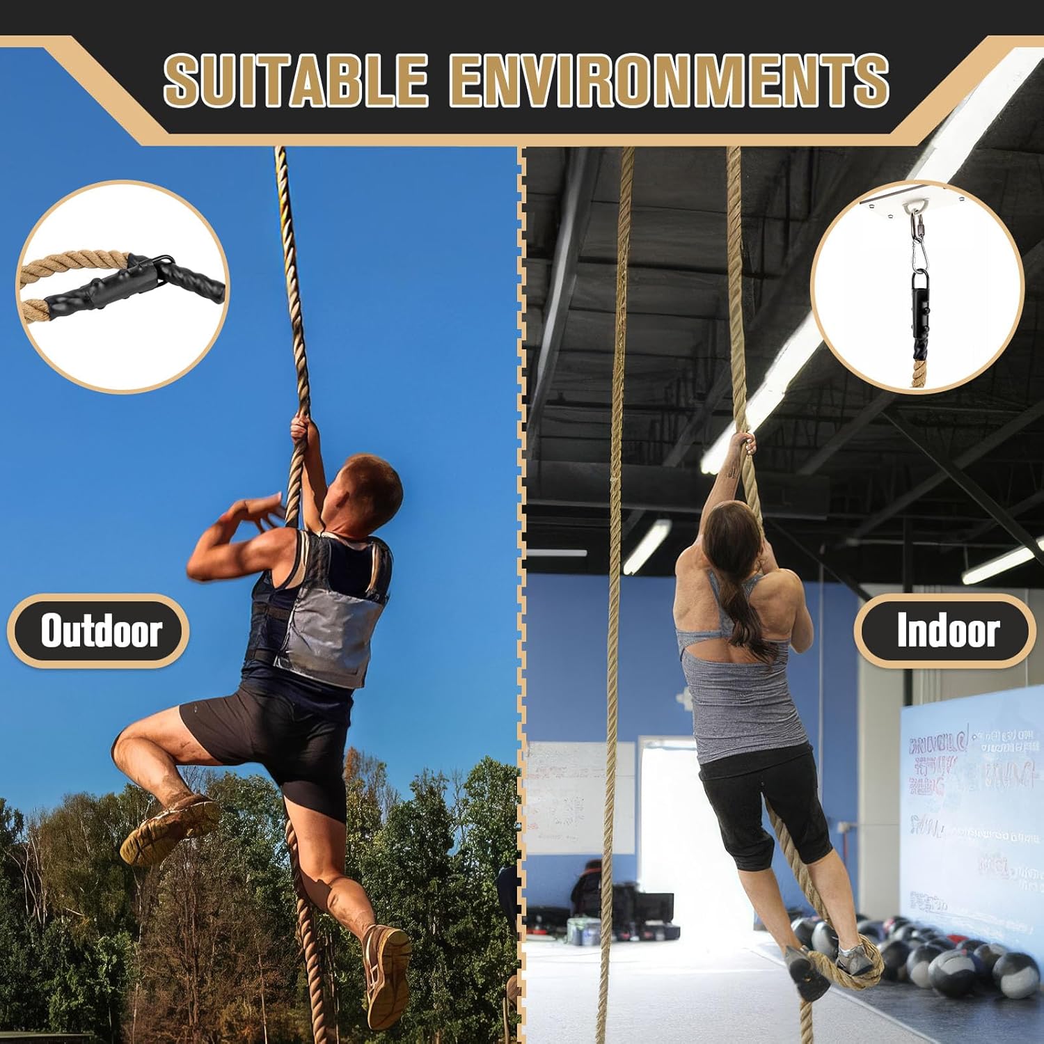 Gym Climbing Rope, Indoor Outdoor Climbing Ropes - Climbing Rope for Adults - 10ft Length, 1.5" Diameter, Climbing Ropes with Hook for Indoor and Outdoor Fitness