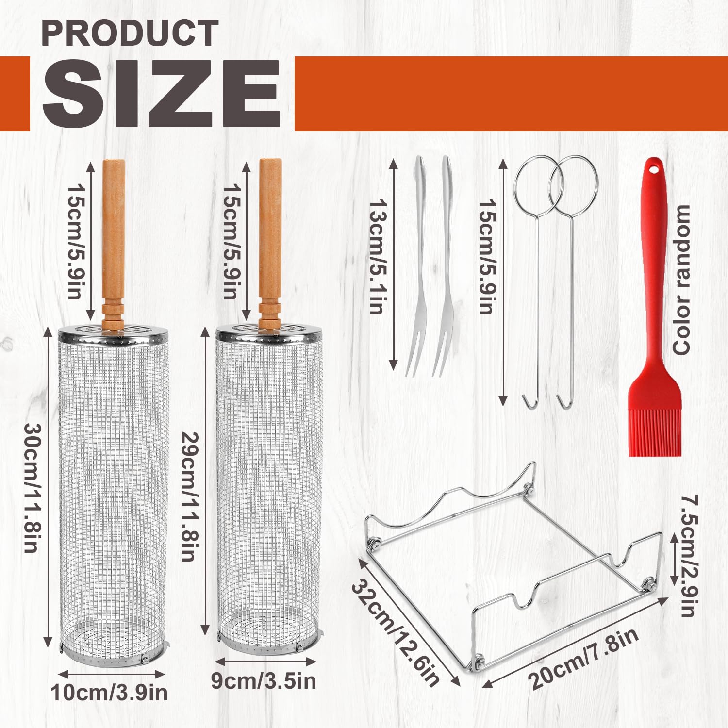 2 Stück Rollender Grillkorb Set, Zylindrischer Rotierender Grillkorb Edelstahl 304 mit Abnehmbarer Holzgriff und Halterung, GrillZubehör für Outdoor-Grill, Gemüse, Fleisch Garnelen