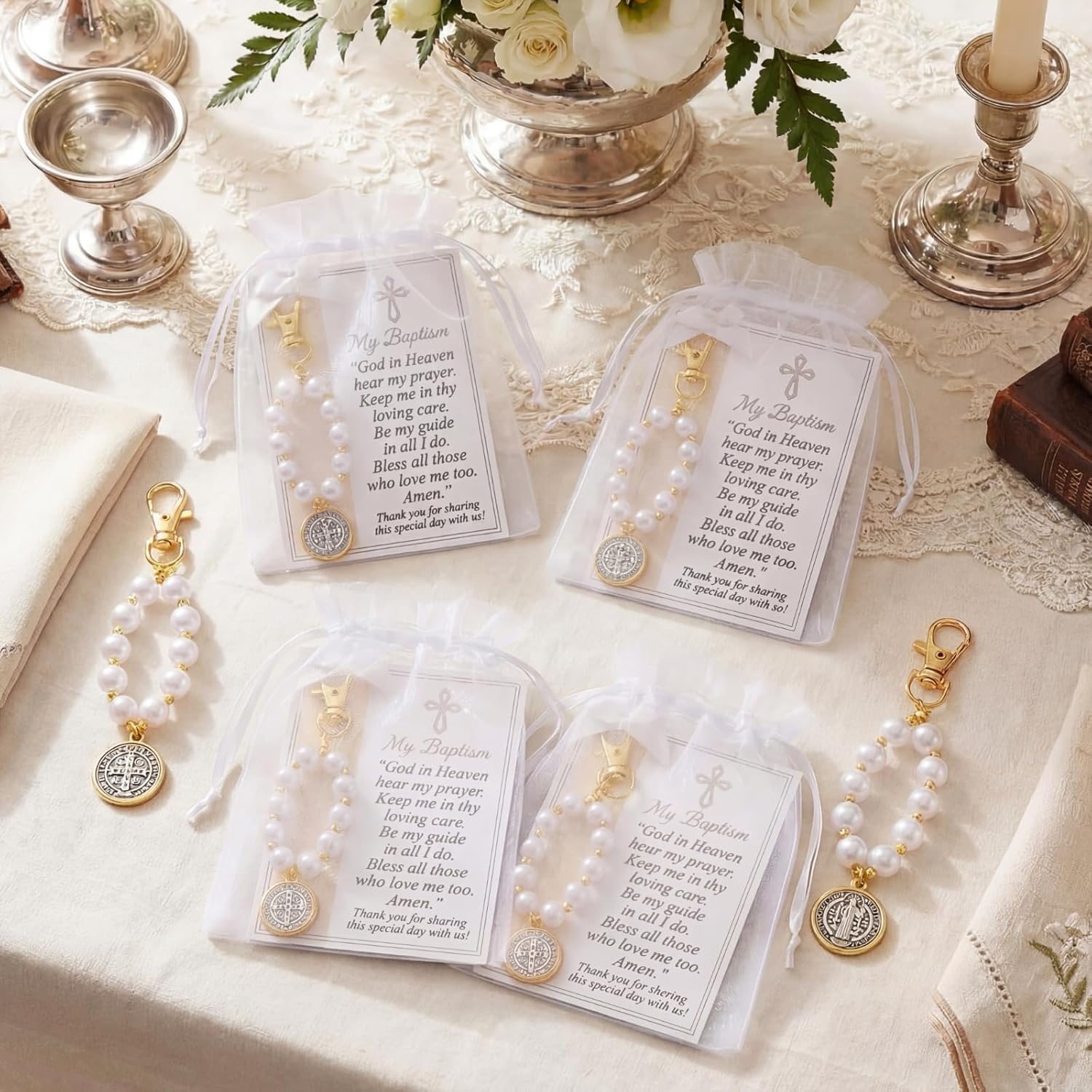 Ceenna 24 Sets Baptism Favors for Guests/Recuerdos de bautizo - Rosary Saint Benedict Keychains Cards Organza Bags Christian Christening Keepsake Gifts for First Communion Wedding Baby Shower Favors