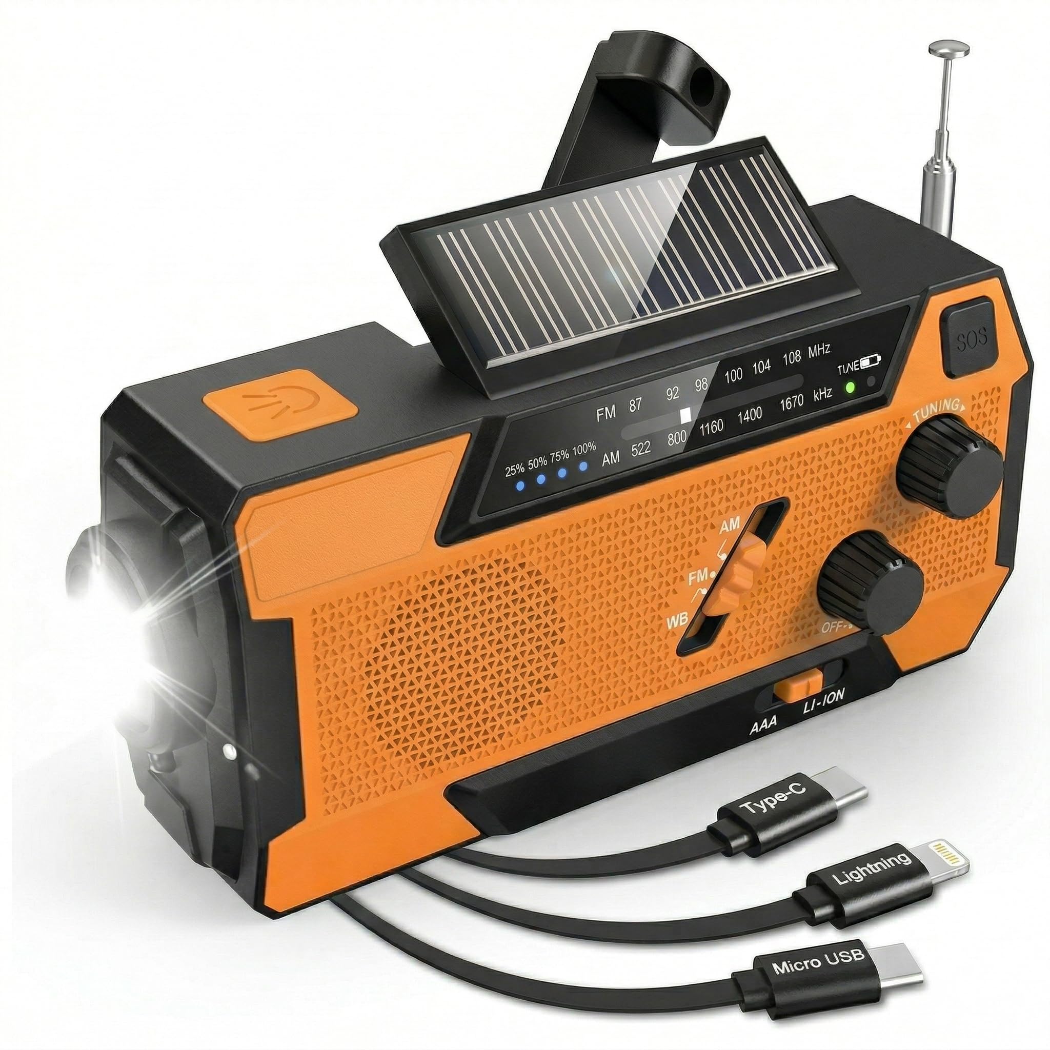 Radio di Emergenza a Manovella con Pannello Solare, Powerbank 2000mAh, Torcia LED SOS