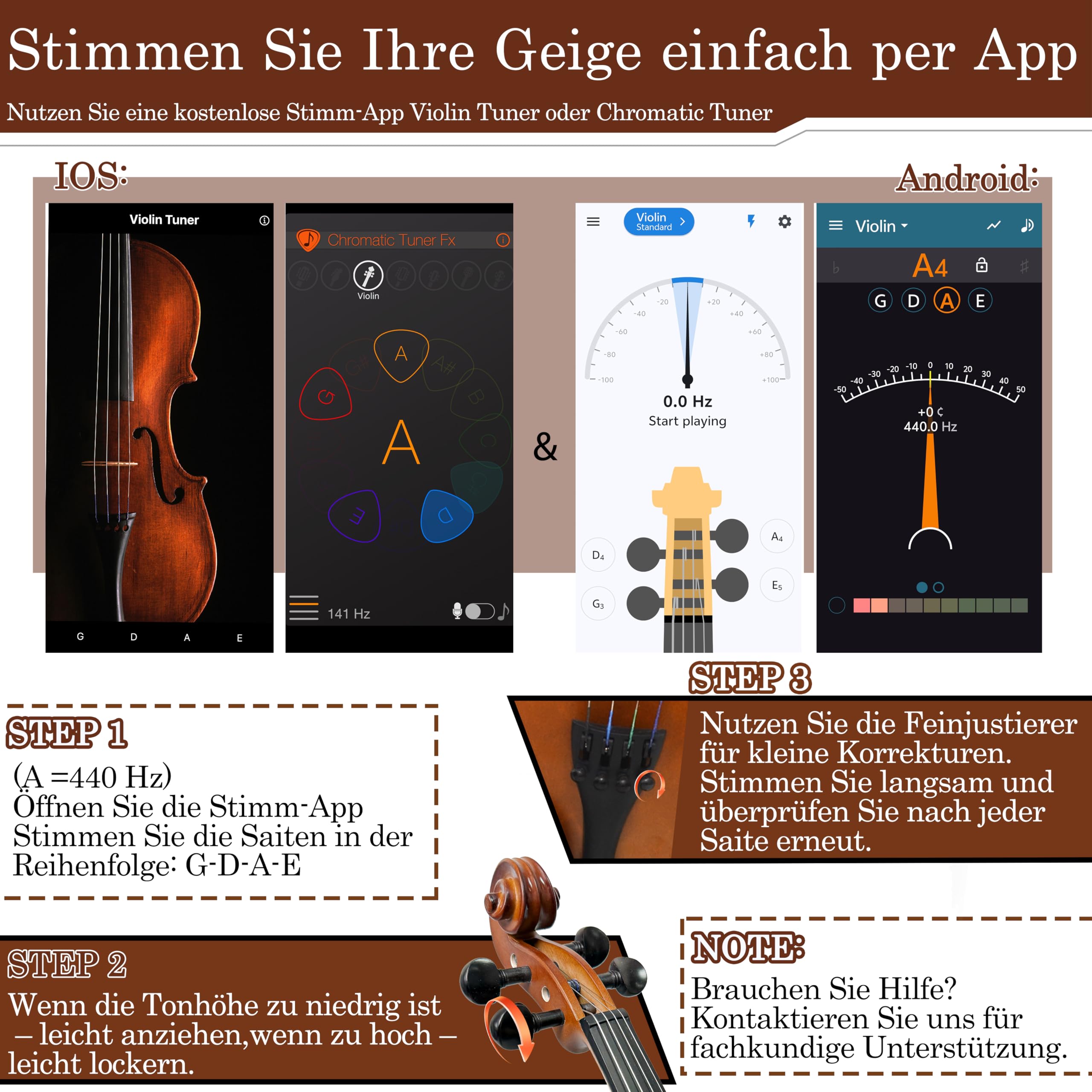 Geige 4/4 Vollgröße – Violine Anfänger Set für Erwachsene & Schüler mit Geigenbogen aus Palisander, Geigenkoffer, Schulterstütze, Ersatzsaiten & Steg – Akustische Einsteiger Geige