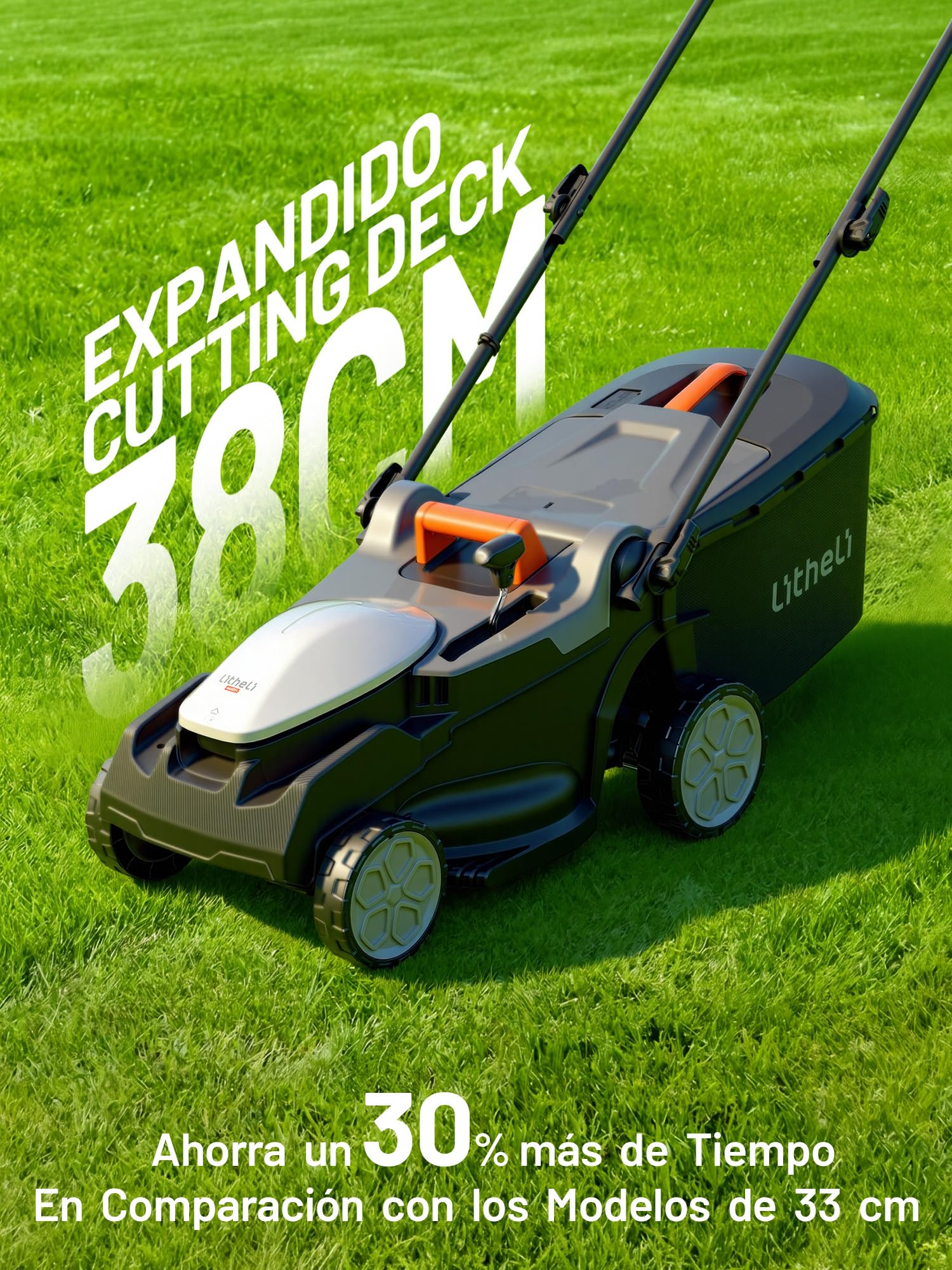 Cortacésped eléctrico con batería Litheli U20, ancho de corte de 38 cm, hasta 300 m², cesta de 40 L, altura de corte de 25-75 mm, incluye 2 baterías de 4,0 Ah