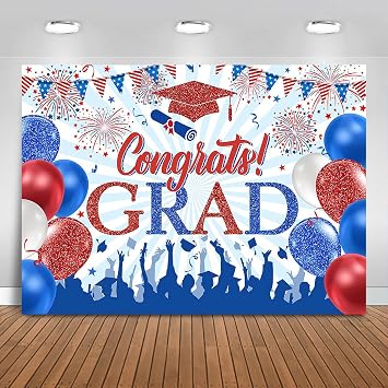 Red and Blue Congrats Grad Backdrop 8x6ft Class of 2026 Graduation Prom Background Party Decorations Red Blue and White Graduation Banner Photo Booth Props