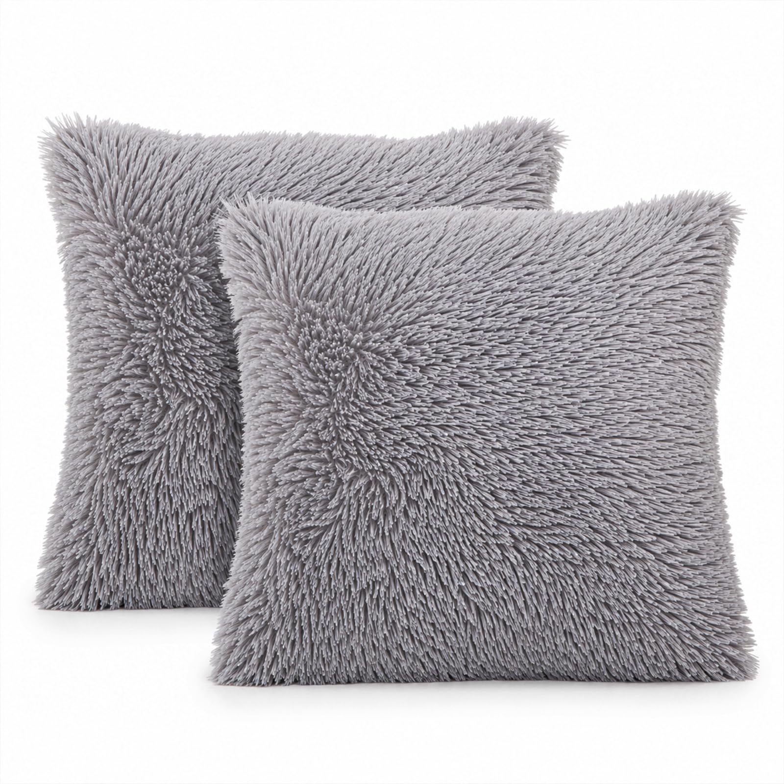 EDS Faux Fur Cushion Covers 18” x 18” (45x45cm) Soft Fluffy Decorative Throw Pillowcases for Sofa Couch Bedroom or Living Room Square Pillow COVER ONLY (PACK OF 2, GREY)