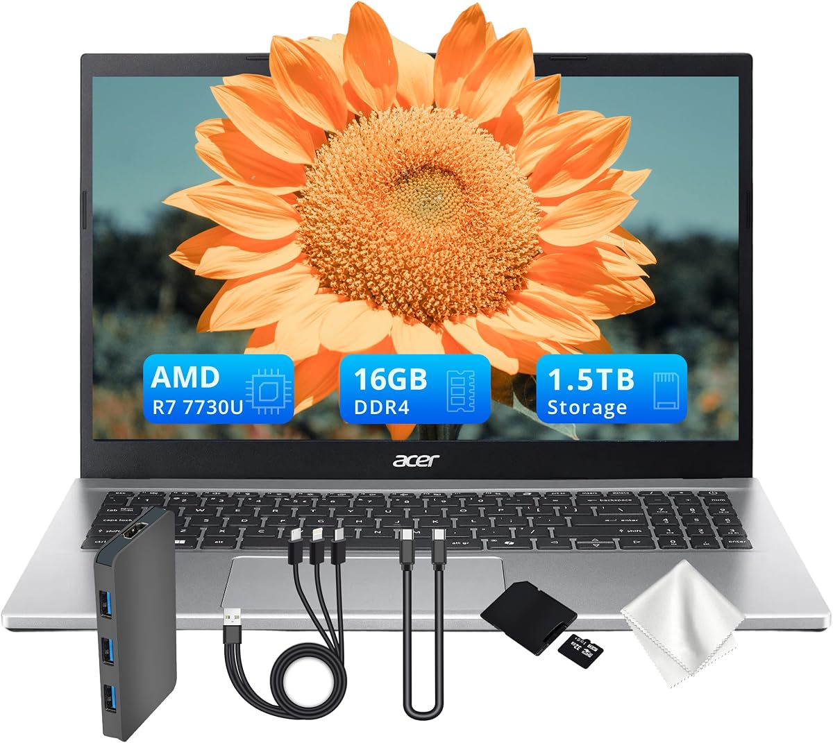 Acer Aspire Go 15 15.6" FHD Laptop, AMD Ryzen 7 7730U, 16GB RAM, 1.5TB Storage (512GB SSD&1TB Docking Station Set), AMD Radeon Graphics, Copilot+ PC, HD Camera, Wi-Fi 6, Windows 11, Silver