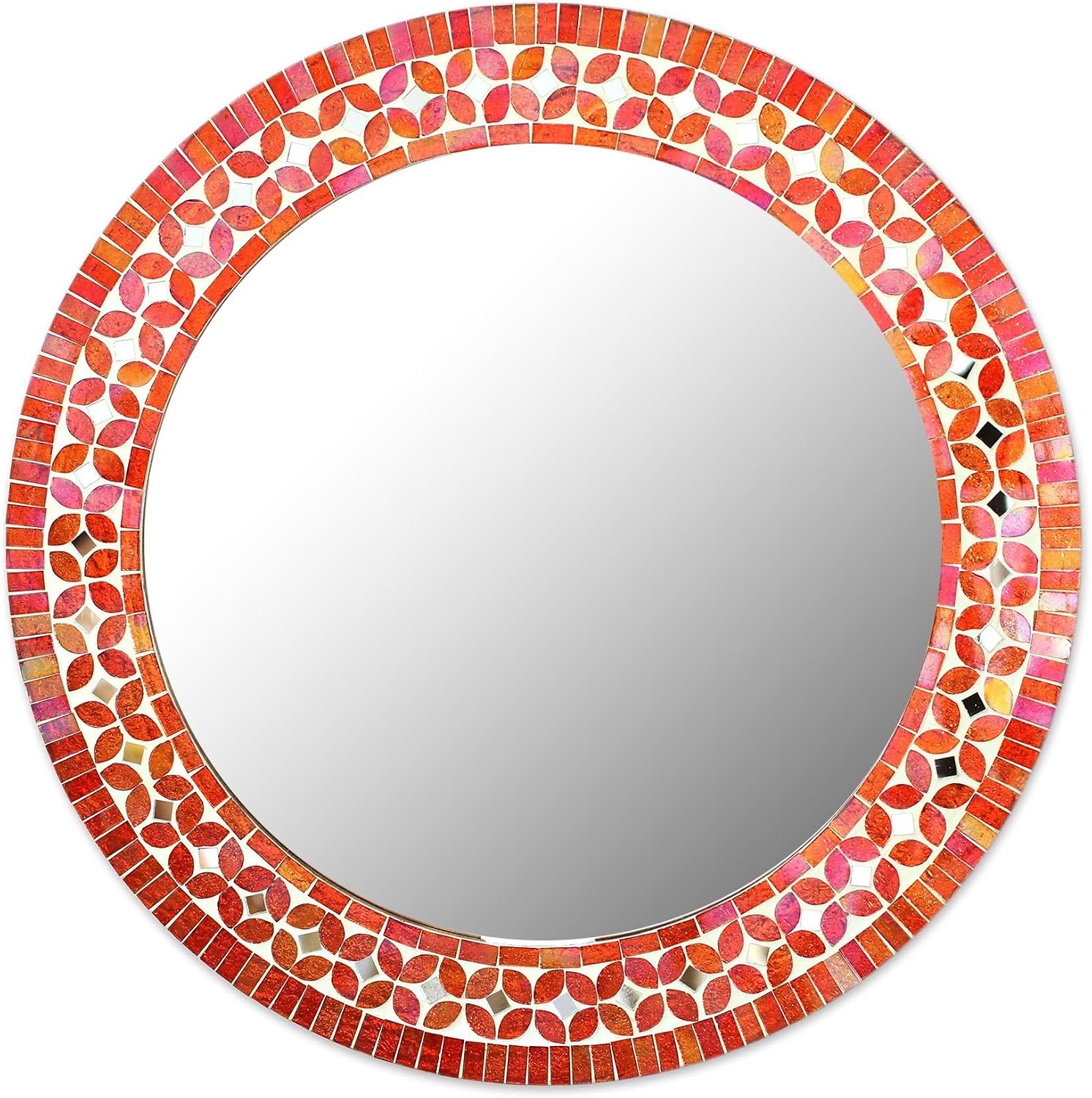 NOVICA Handmade Handcrafted Glass Mosaic Wall Mirror Round Multicolor from India Red Orange Glasswood Decor Bohemian 'Shimmering Blossoms'
