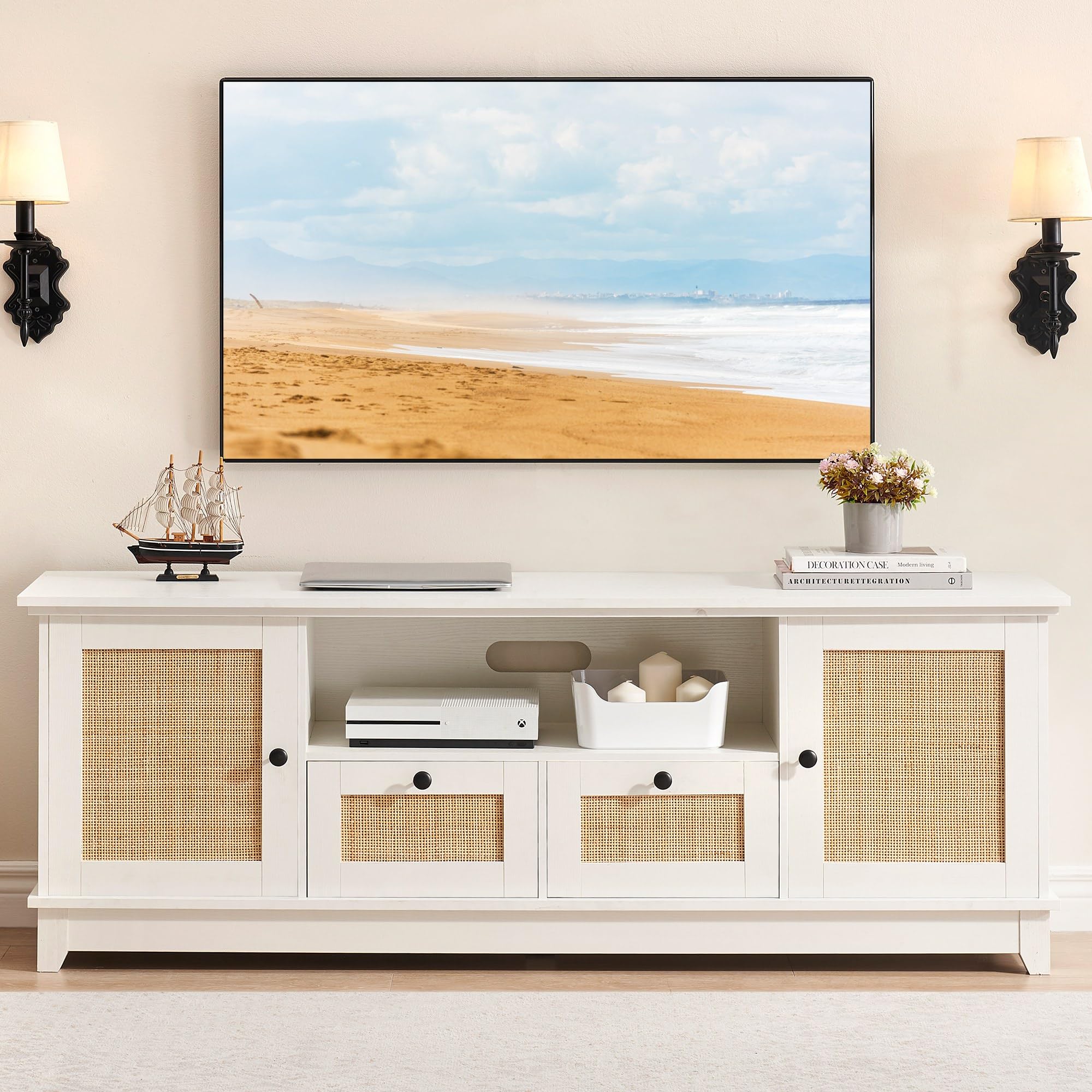 GAOMON Rattan TV Stand, Boho Entertainment Center for 65 Inch TV, TV Console with 2 Cabinets & Adjustable Shelf, Modern TV Stand with Storage, Media Console Cabinet for Living, Bedroom,White