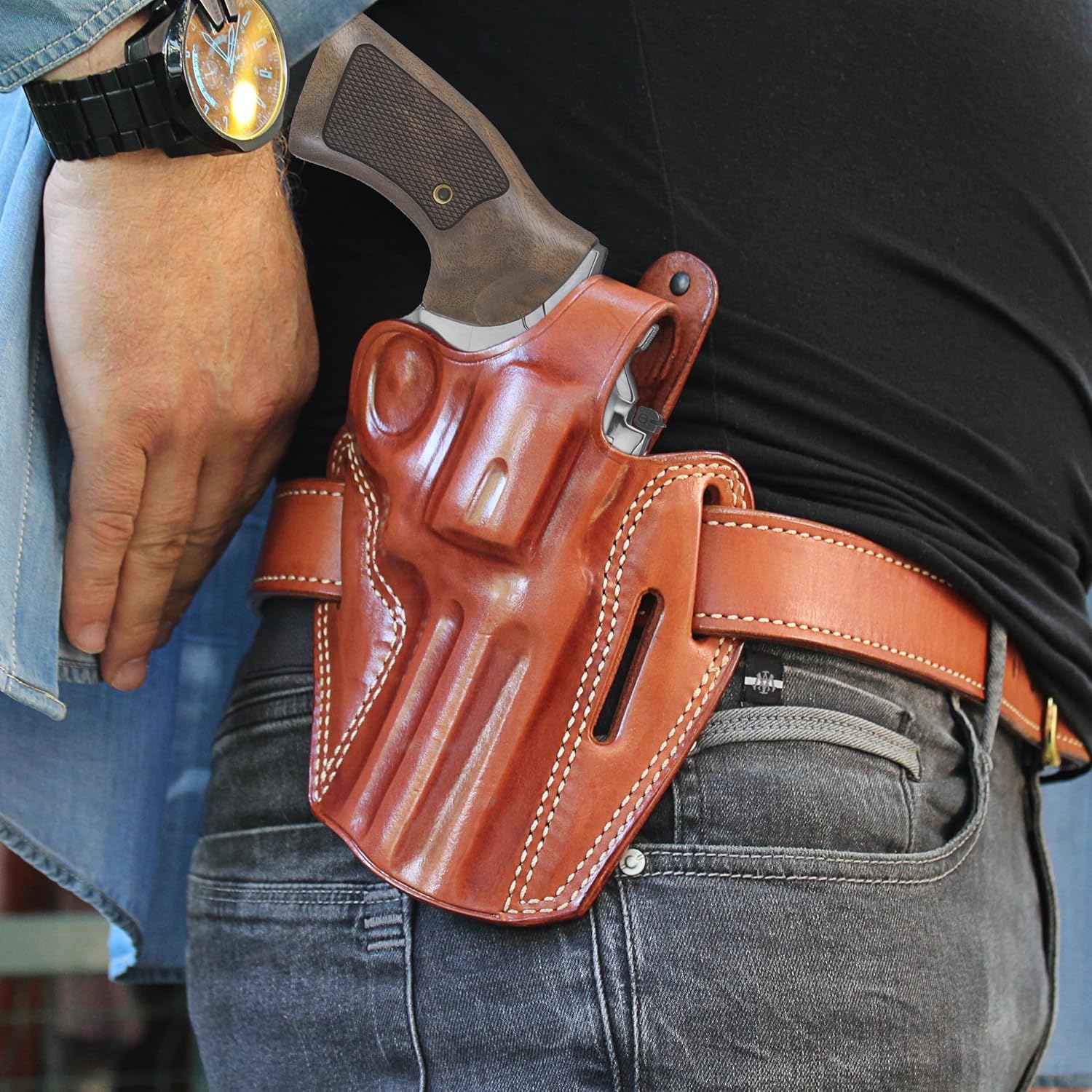 Premium Leather Three Slot OWB Pancake Holster with Thumb Break Fits, King Cobra 357 Mag 6-Shot 3" Barrel, Right Hand Draw, Brown Color #1631#
