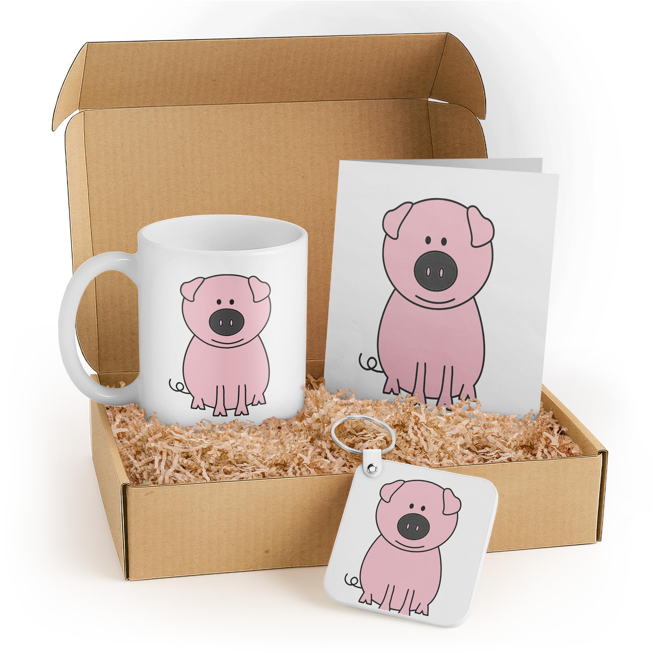 3dRose Cute Pig Gift Set – Mug, Card, and Keychain – Cartoon Pink Pig Design – Perfect for Kids, Birthdays, and Animal Lovers