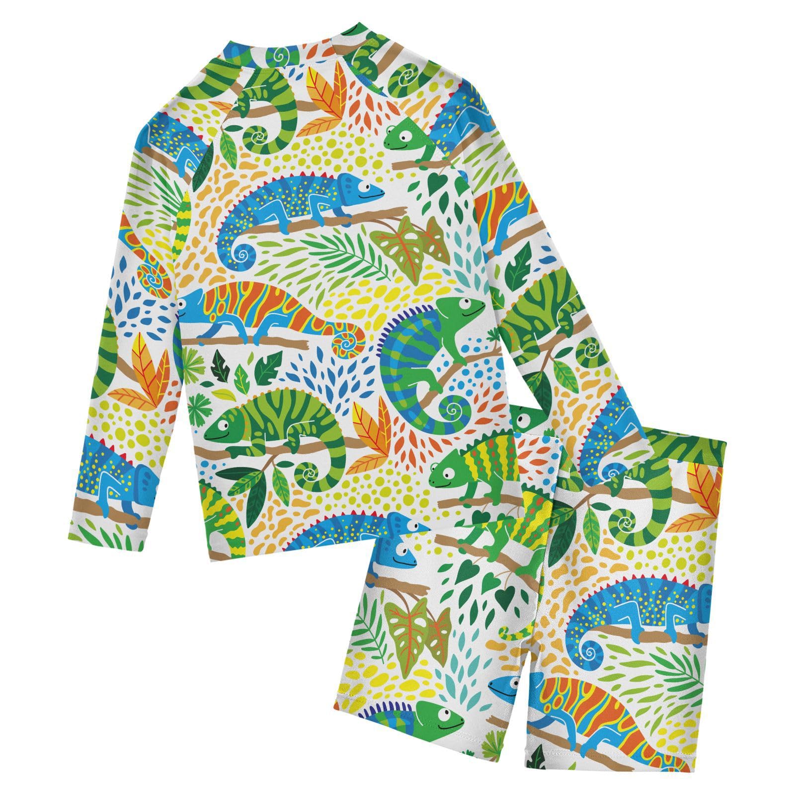 Aflyko Kids' Bathing Suit Set Lizard Green Blue Forest Camo Long Sleeve Swim Tops with Shorts Summer Vacation Pool Party Rashguard Fun Cute Toddler Infant Beachwear, 4T