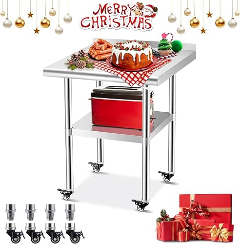 Sapodilla NSF Mesas de trabajo de acero inoxidable con ruedas, 24 x 24 pulgadas, mesas comerciales resistentes con placa trasera y estante inferior