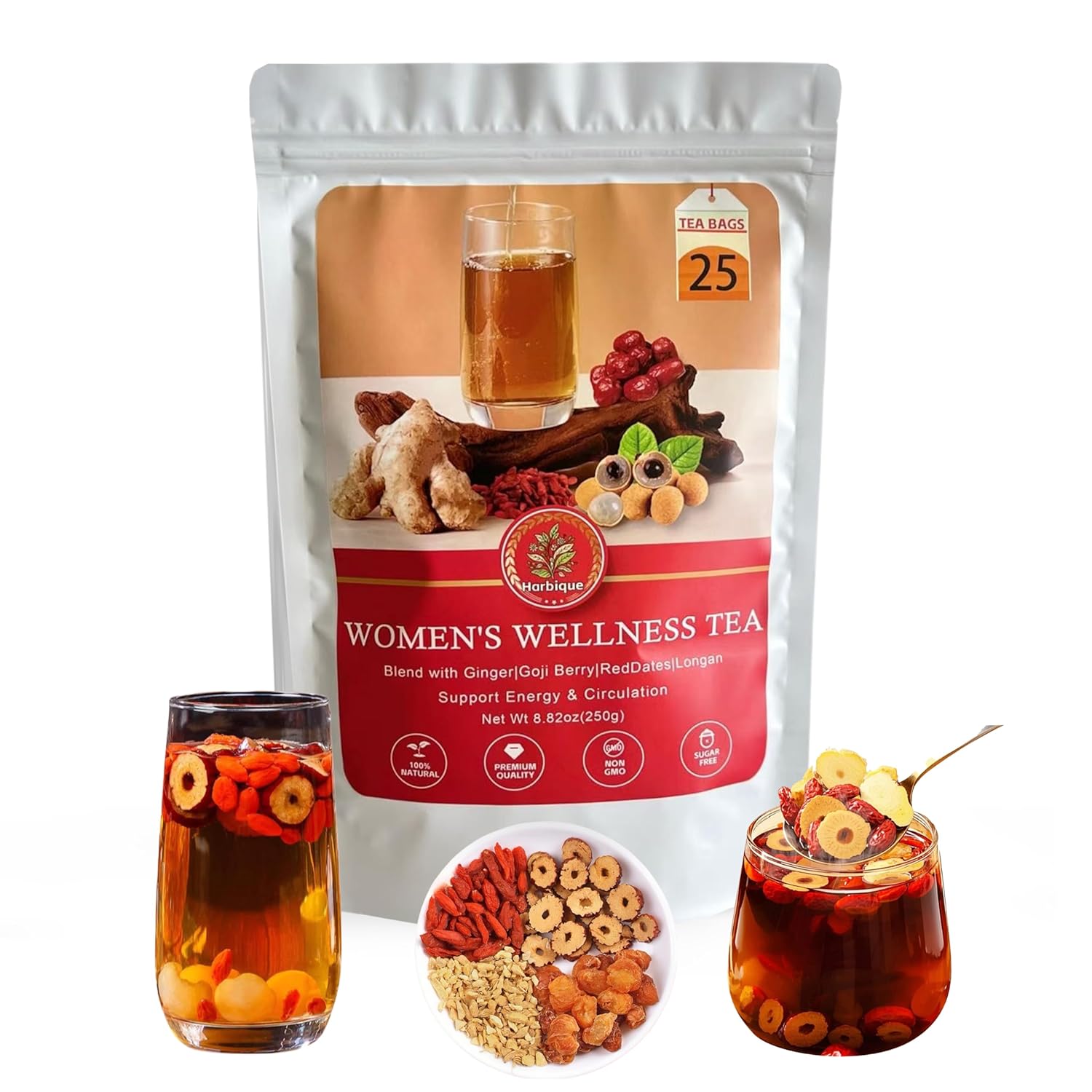 Harbique Organic Ginger Goji Berry Tea – Mama Flow Red Date (Jujube) Tea with Longan, Sweet & Spicy Flavor, Traditional Chinese Women's Herbal Tea, Caffeine-Free, 25 Individually Wrapped Tea Bags, 250g