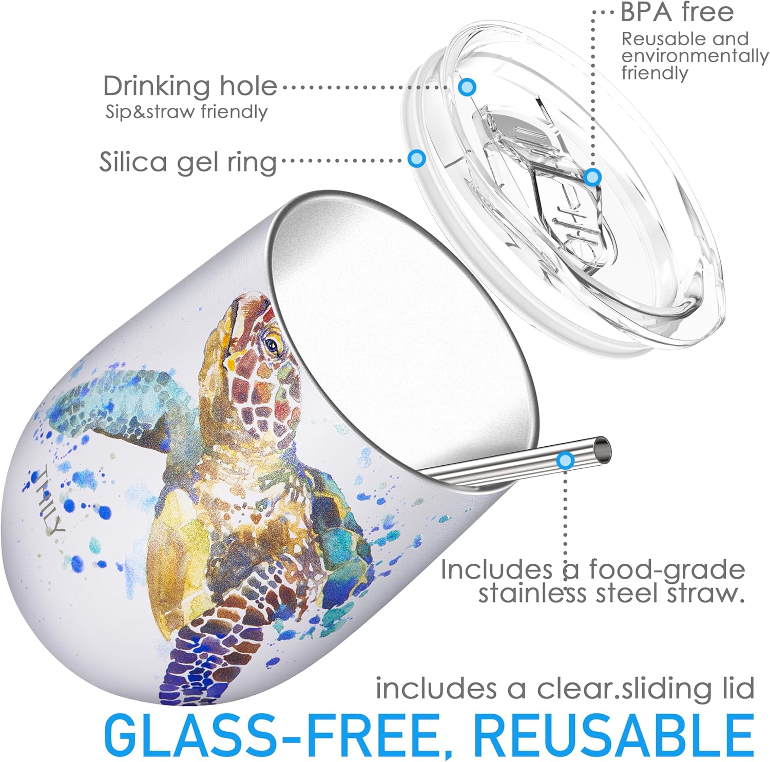 THILY Wine Tumbler Stainless Steel Insulated Stemless Wine Glass with Lid and Straw, Cute Travel Cup Keep Cold for Coffee, Cocktails, Special Collection, Sea Turtle - Image 3