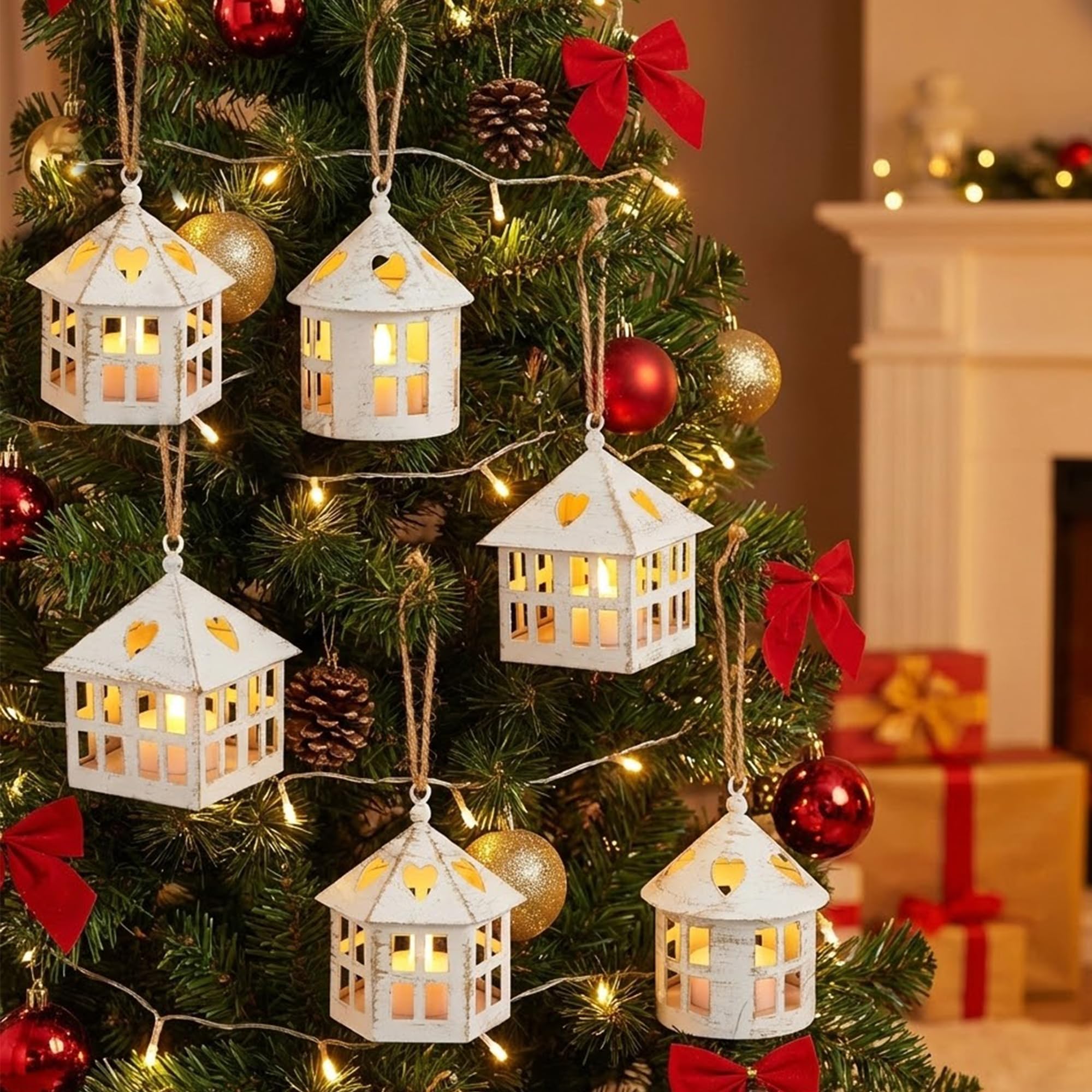Trirocks Cream 6Pcs Candle Lanterns Mini Lantern With Flickering Led Candle, 10Cm High Small Lanterns With Battery Tealights, Garden Lantern For Christmas Wedding Party Decoration Tabletop ( & Gold)