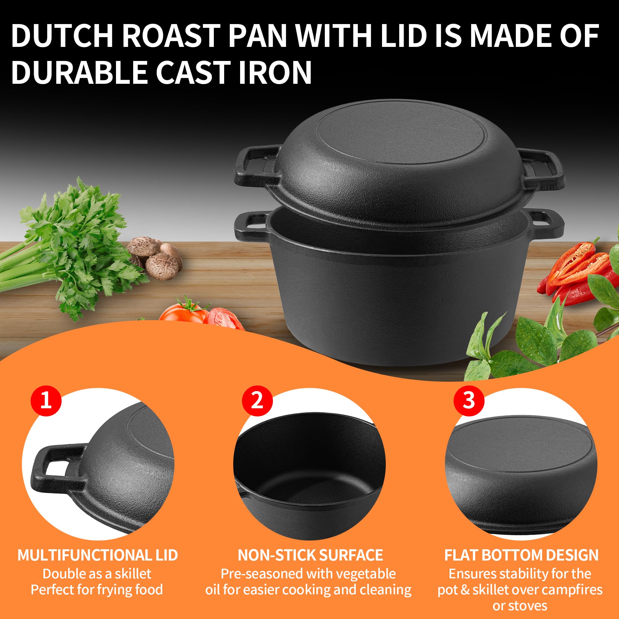 Vivicreate 5qt Cast Iron Dutch Oven - 2-in-1 -6