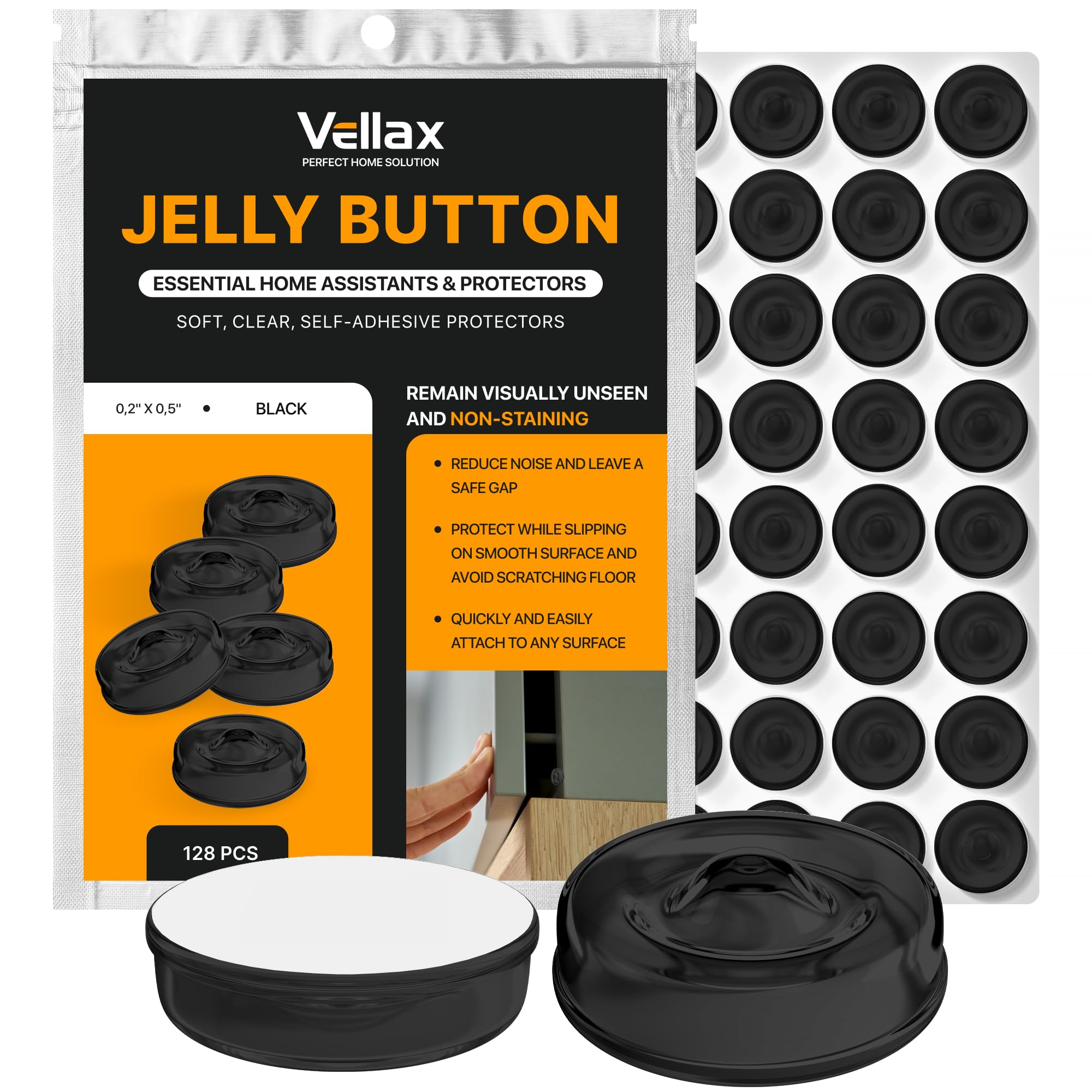 128 Self Adhesive Cabinet Door Bumpers – Sticky Black Silicone Rubber Pads for Furniture Drawers, Kitchen Cabinets, Decor, Wall Protection – Vellax