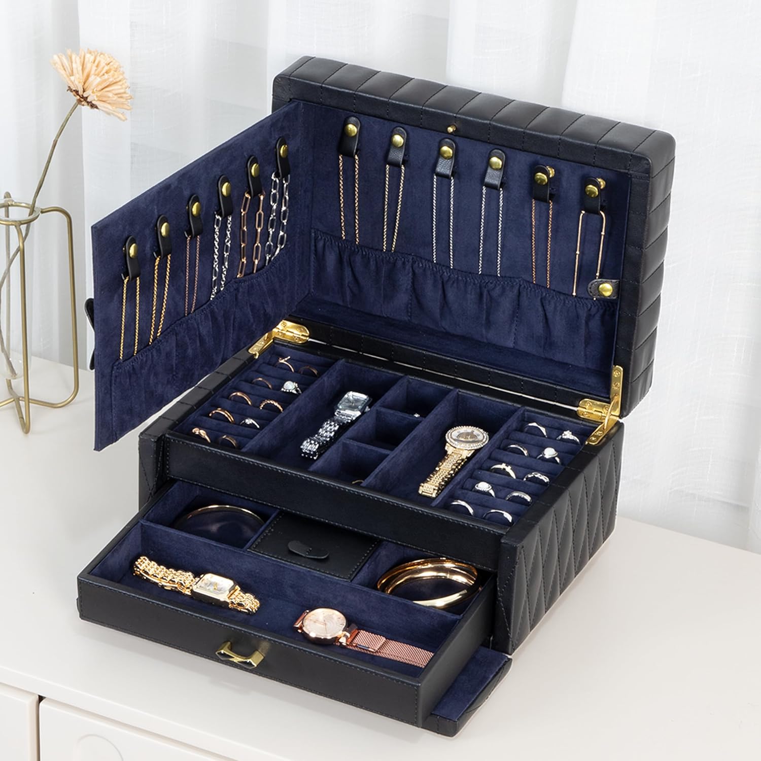 Genuine Leather Jewelry Box – 2 Layer Large Jewelry Organizer with Mirror, Lockable Jewelry Box for Women – Necklace, Ring, Earring Organizer with Drawer – Gifts (Blue)