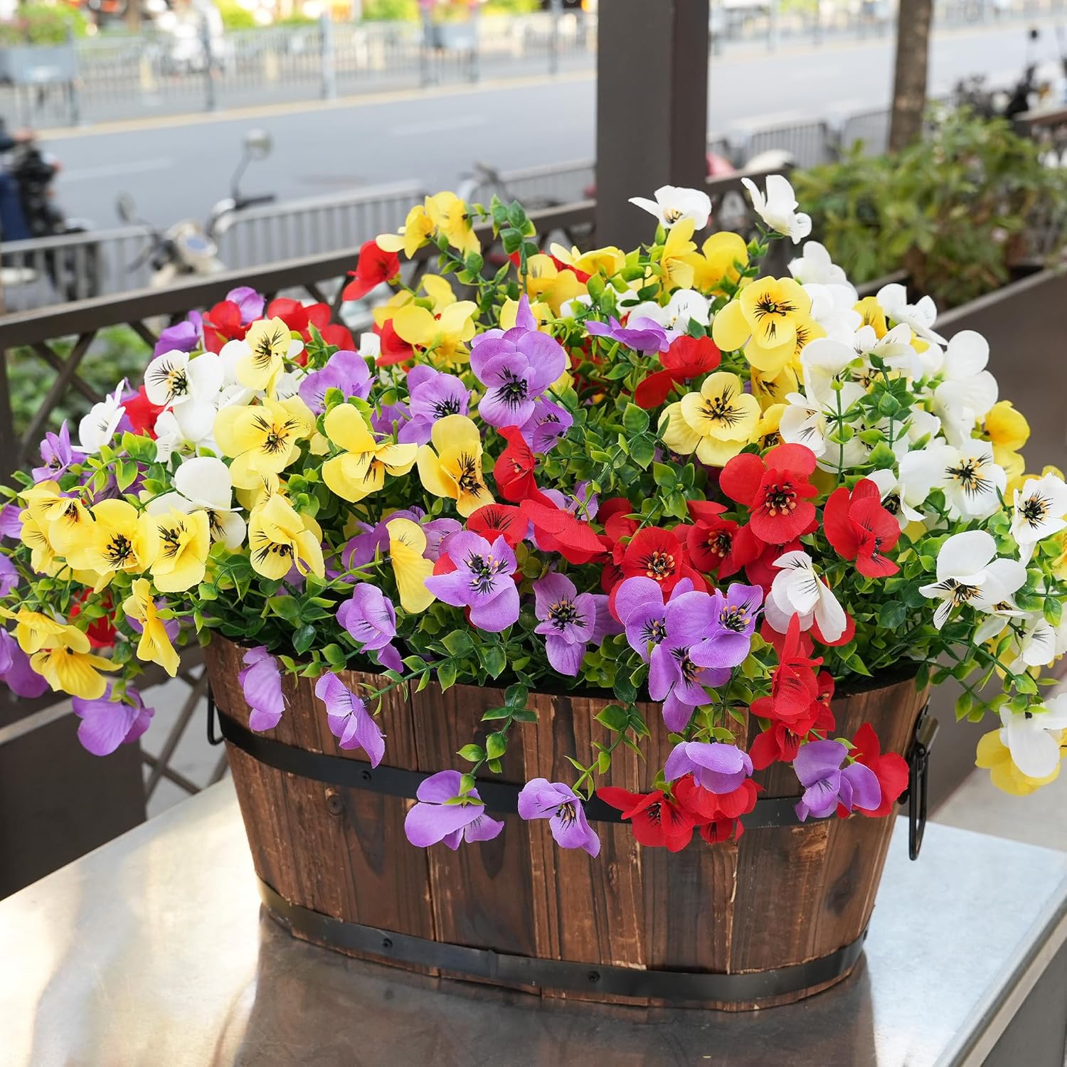 Artificial Flowers for Outdoor, UV Resistant Fake Silk Pansies Flowers, Realistic Faux Plants for Outside Indoor Porch Patio Window Box Planter Home Decor (16, Yellow Purple White Red)