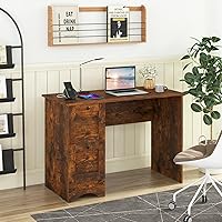 Vista 2 de Tangkula Escritorio para computadora con cajones y estación de carga, escritorio de madera para oficina en casa, escritorio para computadora Marrón