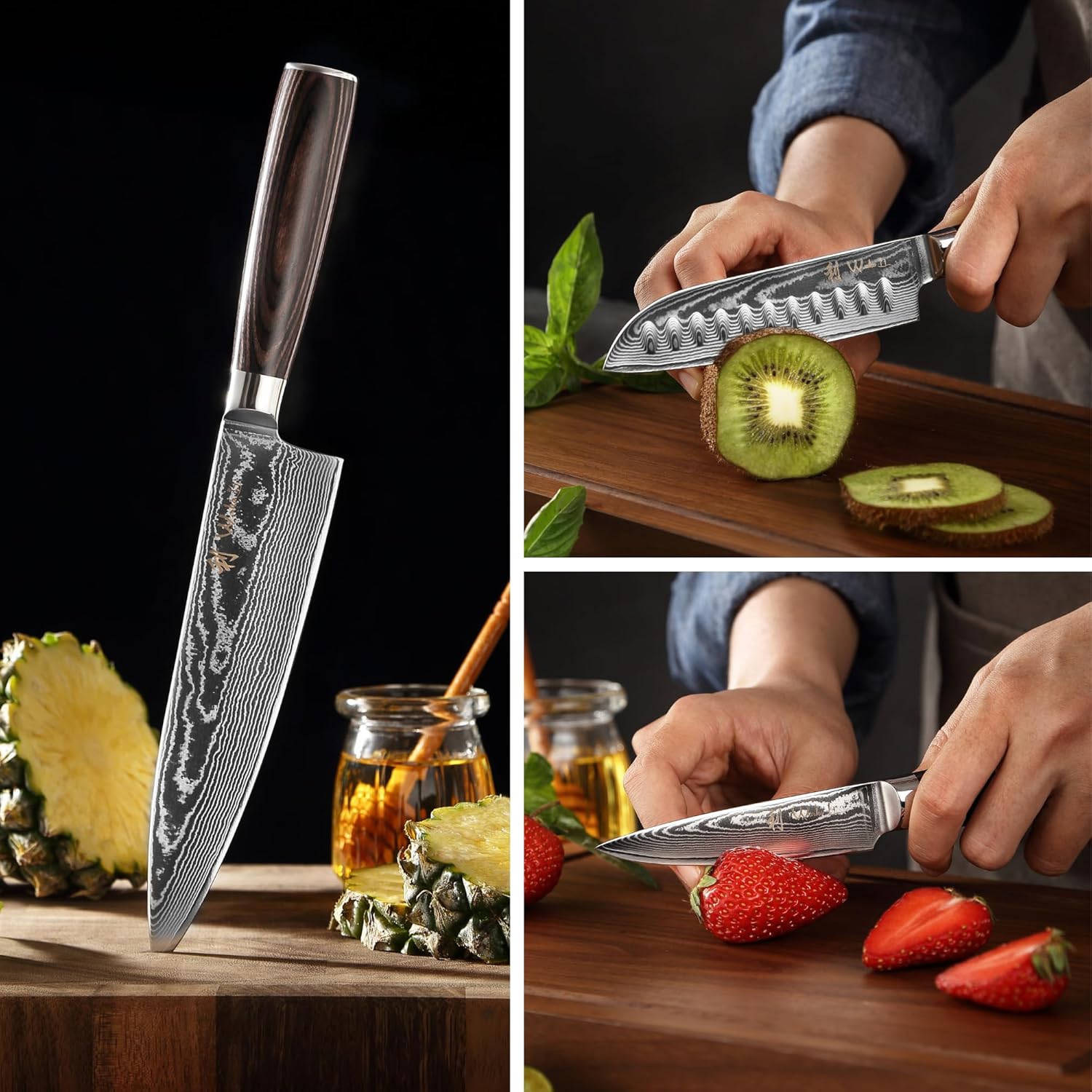 Wakoli EDIB Essentials 4-Piece Damascus Knife Set – Professional Kitchen Knives with VG10 Core, 67-Layer Damascus Steel Blades – Santoku, Chef, Small Santoku & Paring Knife with Pakkawood Handles