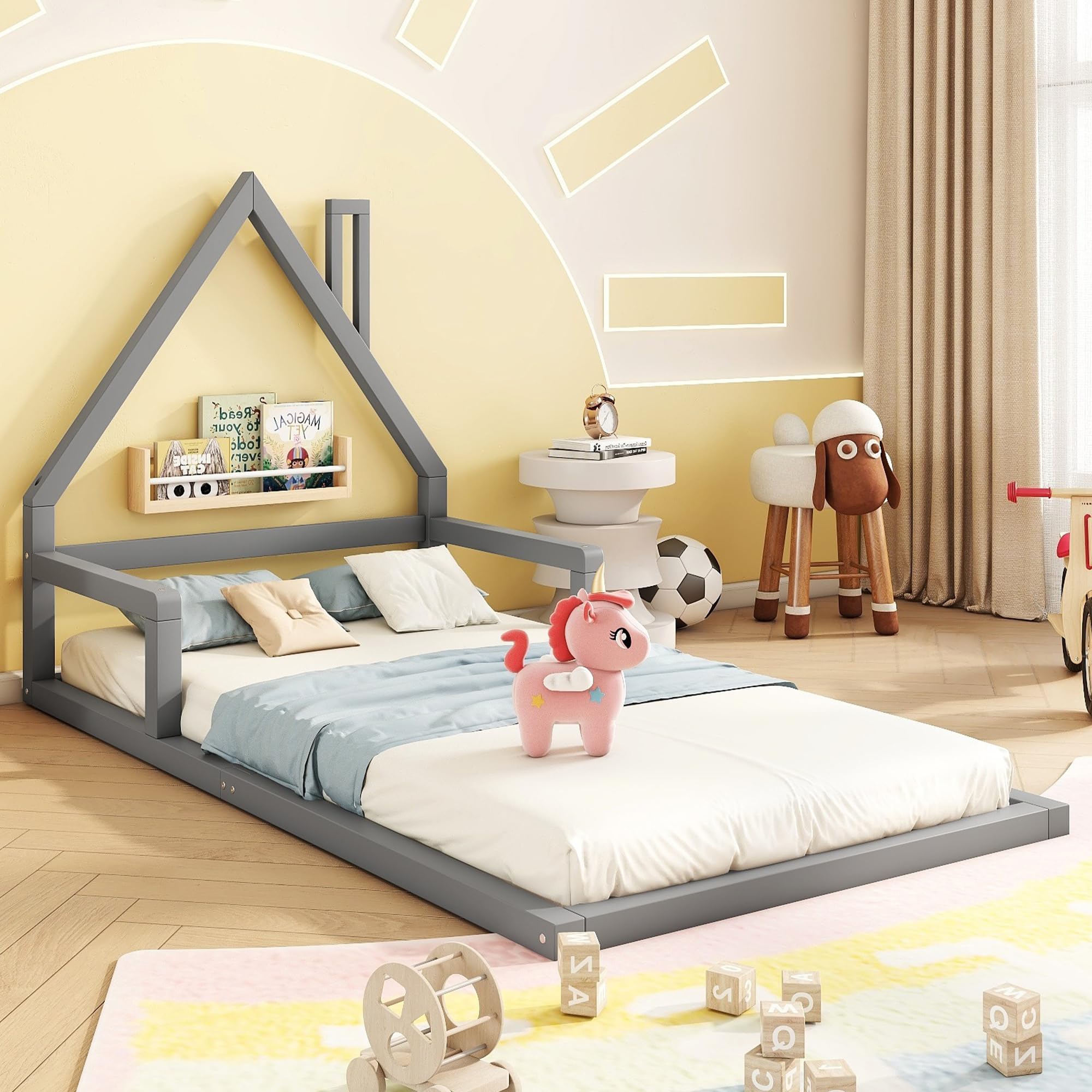OKMYHOME Łóżko dziecięce 90x200 cm - Łóżko jednoosobowe z litego drewna sosnowego i MDF, klasyczny i solidny design, bez materaca, szare