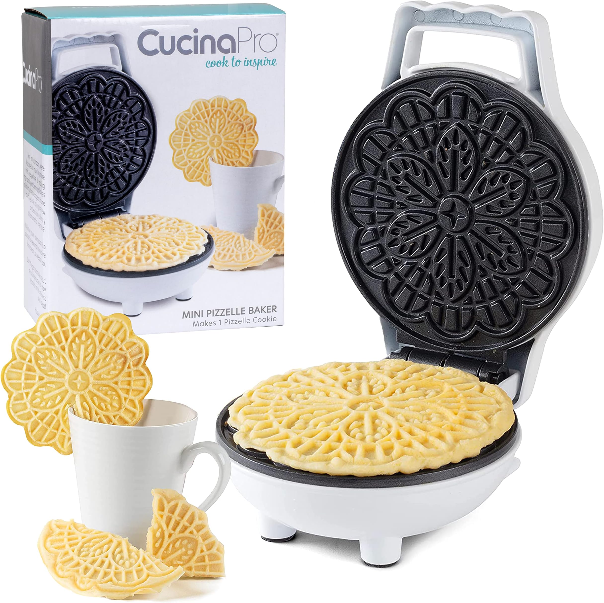 Mini Electric Pizzelle Maker- Makes 1 Personal Tiny Sized 4" Traditional Italian Waffle in Minutes- Nonstick Iron Press w Recipe Book- Dessert Cookie Treat or Housewarming Baking Machine, Gift for Her
