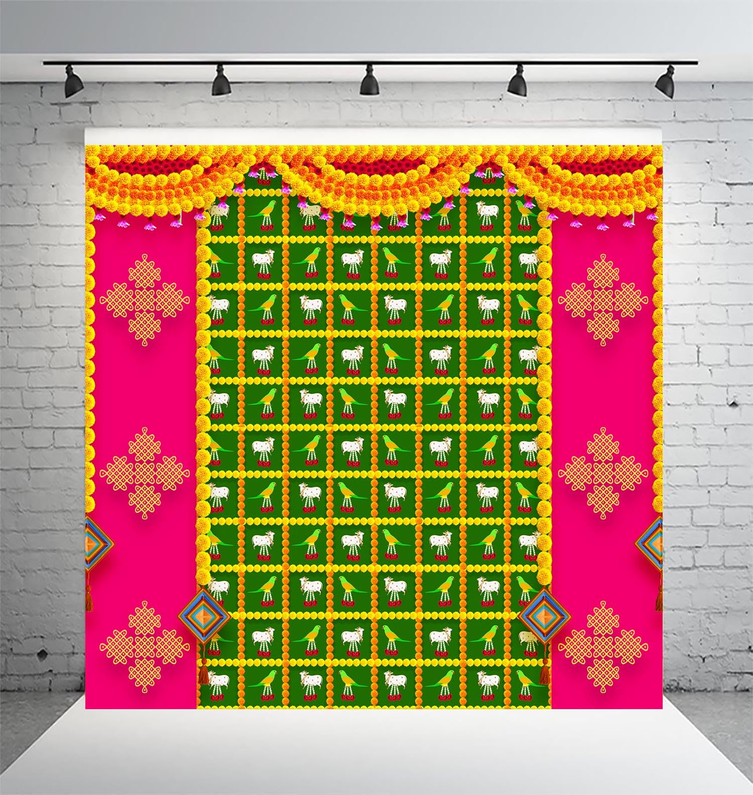 Dhara Pink Rangoli Cow and Parrot Printed (8FT-8FT) Backdrop Cloth for Pooja Functions, Traditional Background Curtain Cloth for Festival -Washable Fabric-image-23