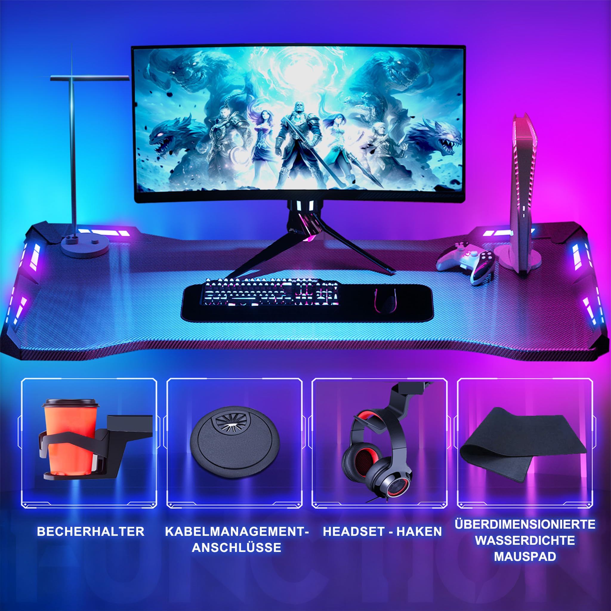 YUENFONG Gaming Tisch mit LED, 160x60cm Schreibtisch Y-Frame Computertisch mit Kohlefaser-Oberfläche, Ergonomischer PC Tisch inkl. Fernbedienung Tassenhalter & Kopfhörerhaken, Schwarz
