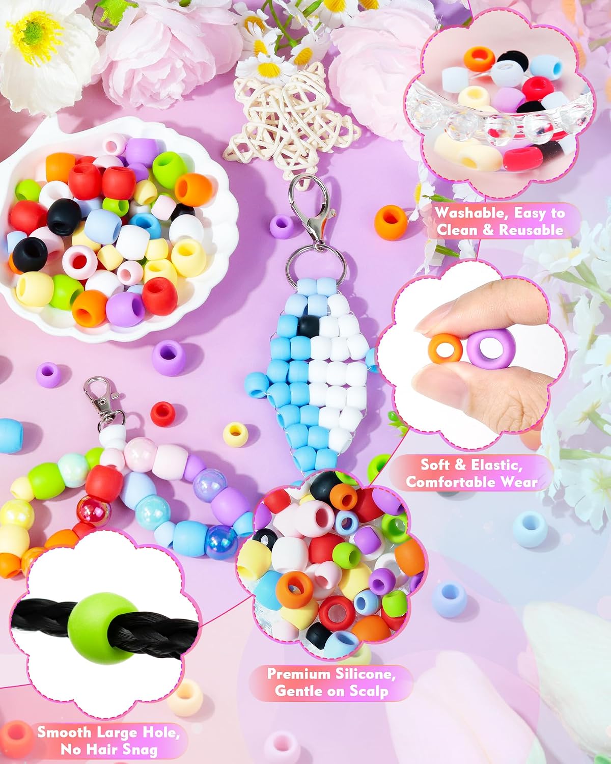 FIVEIZERO 230PCS 12x14mm Silicone Hair Beads, 10 Colors Large Hole Beads | 7mm Smooth Hole, Soft Flexible Silicone, Gentle on Hair and Skin, Waterproof and Durable, Easy to Clean