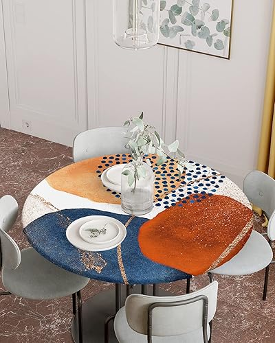 Miniatura 2 de Mantel redondo de mármol para mesa de cocina con borde elástico, mantel ajustable azul dorado degradado para mesas redondas, mantel impermeable para