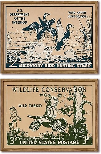 Juego de 2 arte de pared vintage de vida silvestre, sello de caza de cazador, pinturas de decoración de pared, impresiones de lienzo retro rústico
