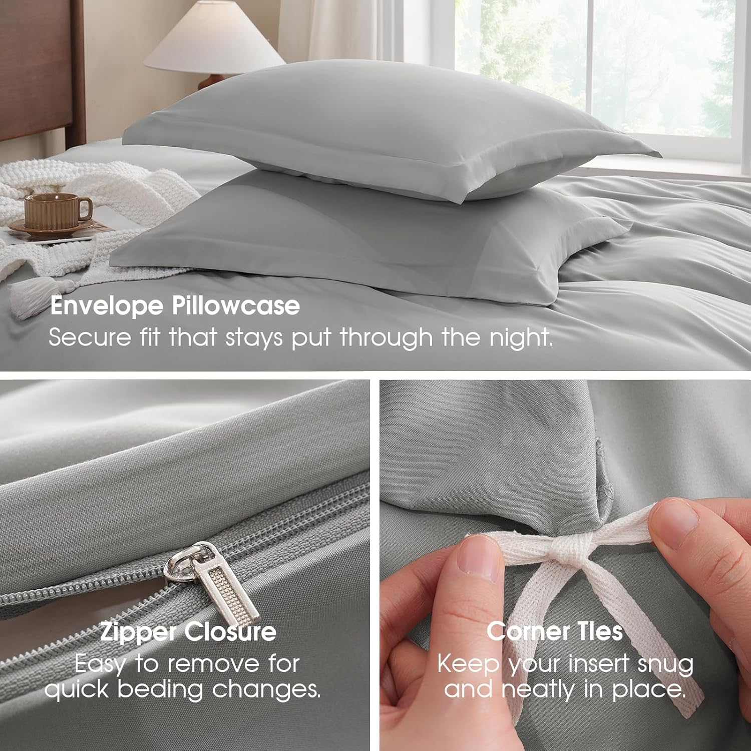 FreshCulture Duvet Cover King Size - 3 Pieces Microfiber Duvet Cover Set with Zipper Closure - Lightweight & Easy Care - 1 Comforter Cover & 2 Pillow Shams - Comforter Not Included (Light Grey)