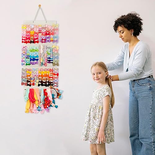 Miniatura 6 de Organizador de lazos para niñas, accesorios colgantes para el cabello, almacenamiento para diademas, clips, corbatas, coleteros (sin lazos) (beige)