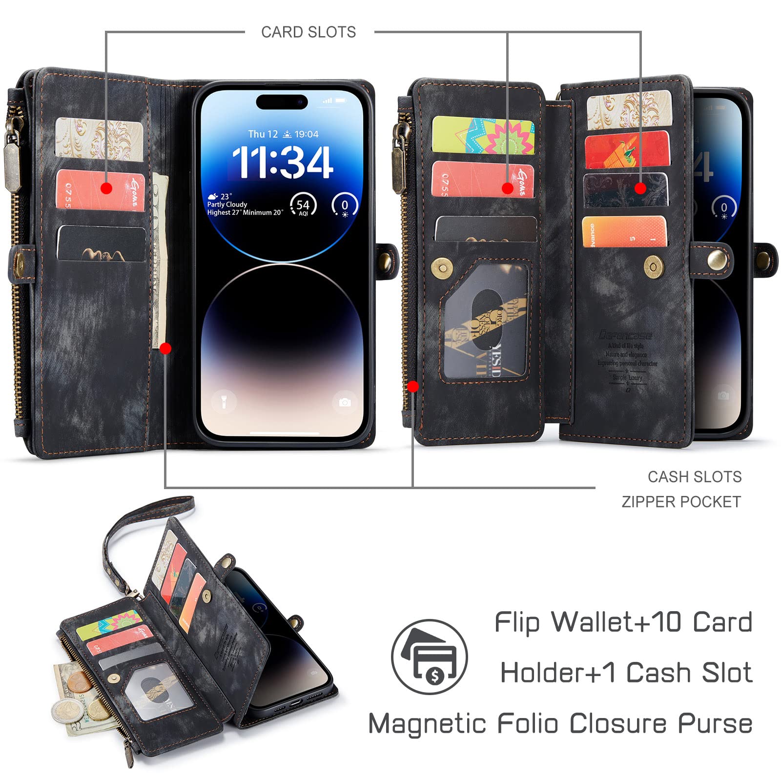 Defencase for iPhone 14 Pro Max Case, for iPhone 14 Pro Max Case Wallet for Women Men, Durable PU Leather Magnetic Buckle Flip Strap Zipper Card Holder Phone Cases for iPhone 14 Pro Max [6.7