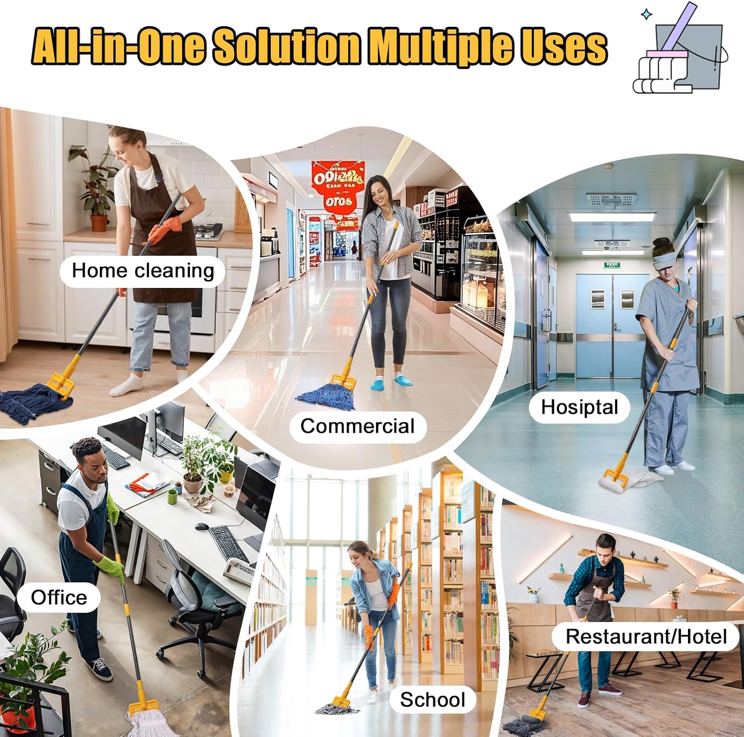 Commercial Mop Handle Replacement - 60" Heavy Duty Industrial Janitor Mops Stick,Quick-Lock ABS Clamp,Professional for Restaurant,Office,Floor,Garage,Patio - Fit for String Mop,Looped-End Rag