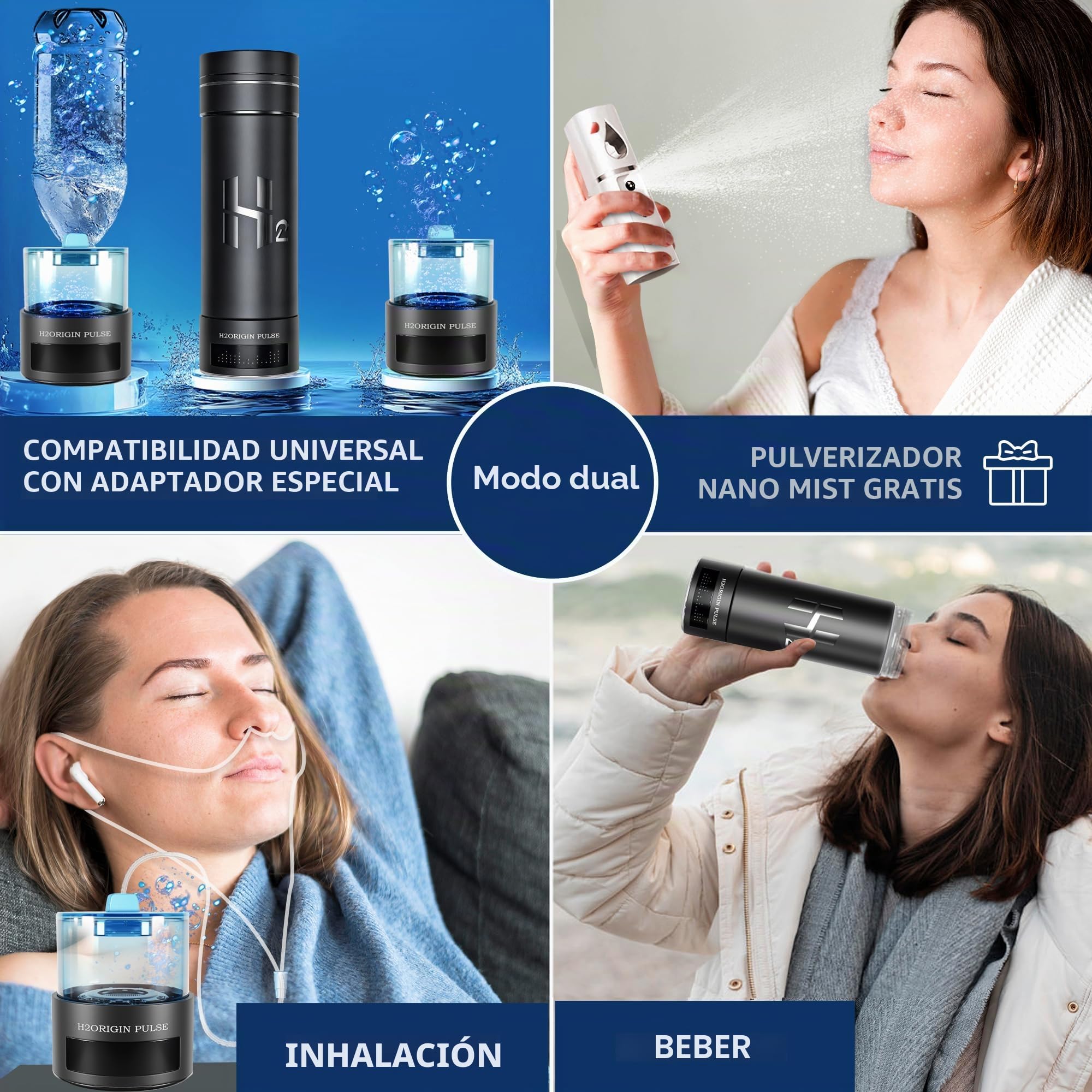 Botella de agua de hidrógeno – Generador de hidrógeno portátil 3 en 1 de 10.5 onzas, tecnología SPE/PEM de alta concentración, adaptador universal y spray de niebla refrescante