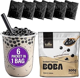Instant Boba - No-Cook Instant Tapioca Pearls for Bubble Tea Drinks, Hot or Cold Sweet Milk Beverage - Microwave or Heat With Boiling Water - Real Brown Sugar Flavored Balls (6)