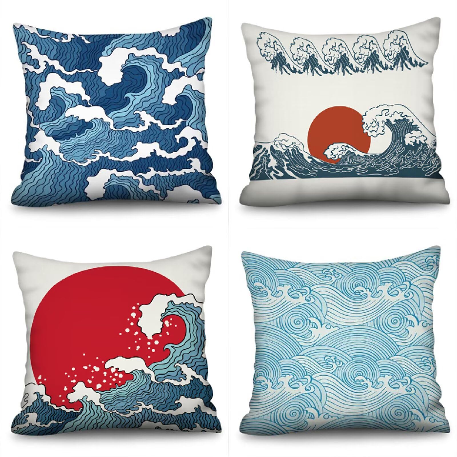 Housse de Coussin 40x40cm Lot de 4 Jardin Bleu Impérméable en Lin Carré Vague N-115
